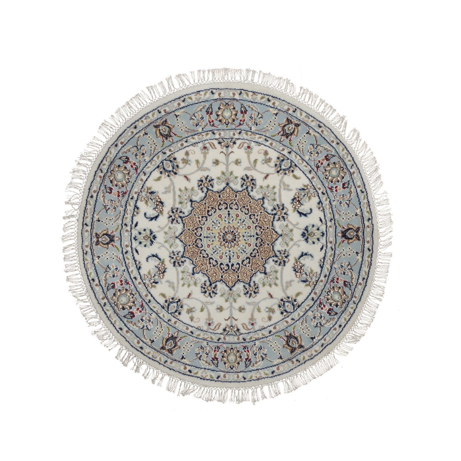 3’3″x3’3″ Ivory Nain with Medallion Design Wool and Silk Hand Knotted Round Rug