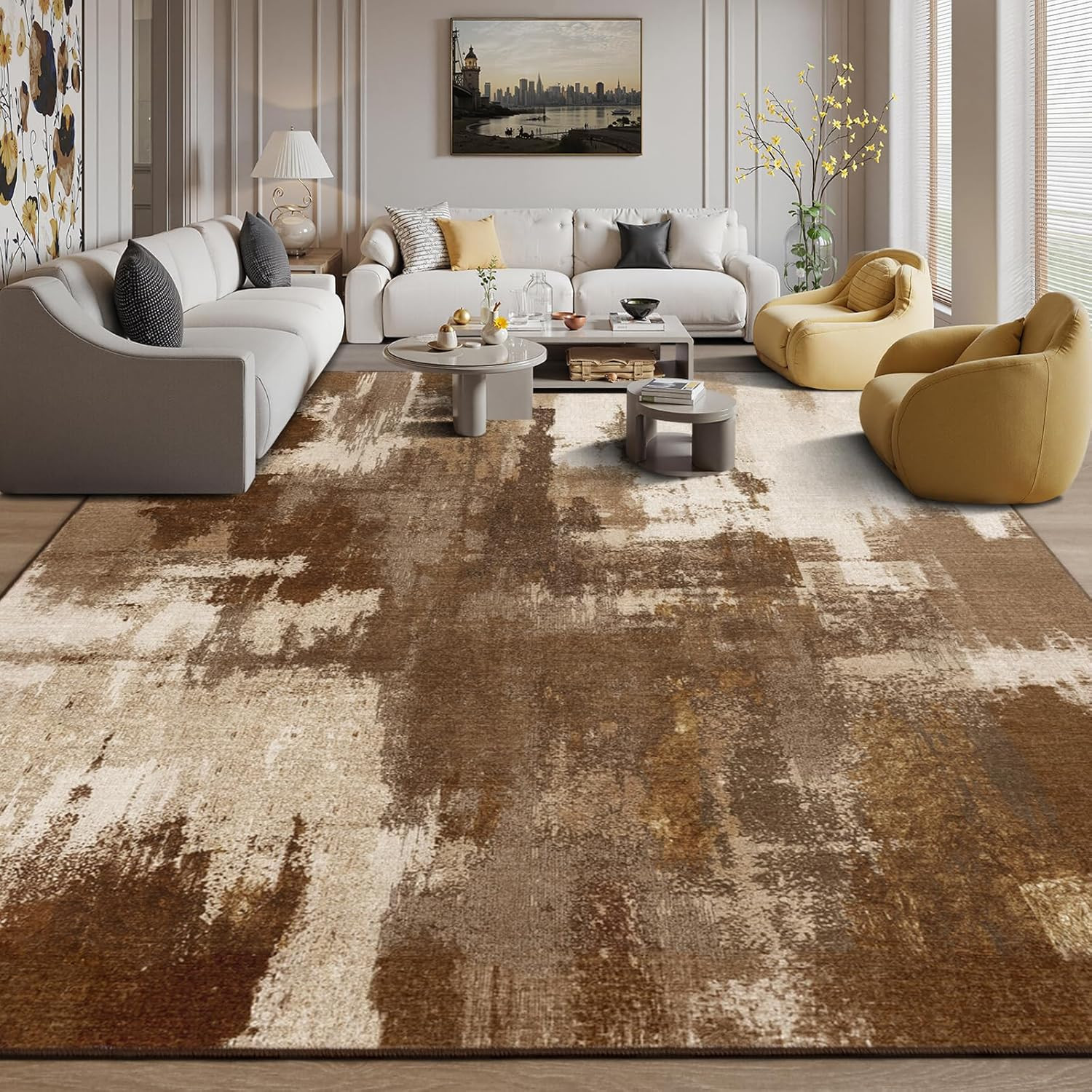 Modern Abstract Washable 10×14 Brown Vintage Low Pile Non-Slip Rug