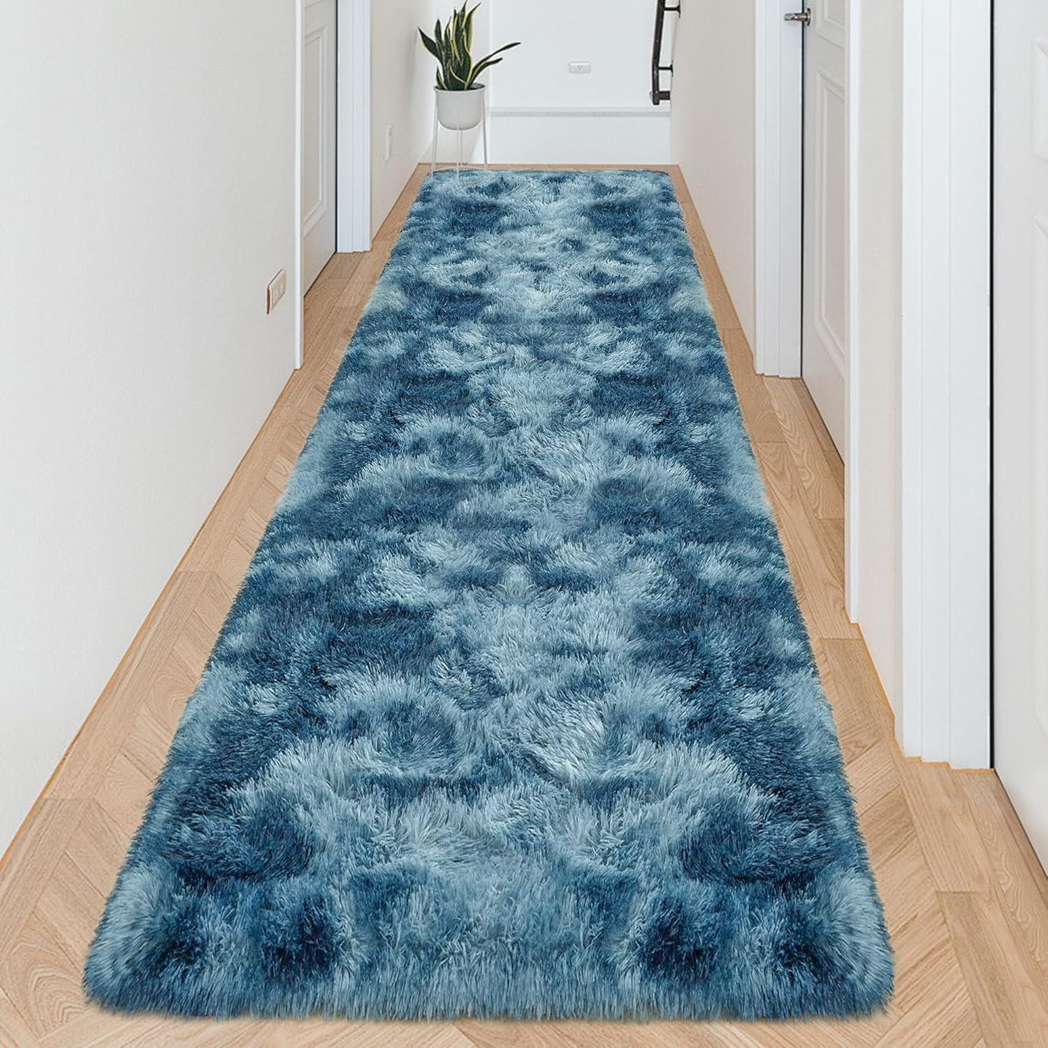 3x10Ft Plush High Pile Blue Tie-Dyed Rug Soft Shag Runner Bedroom Hallway