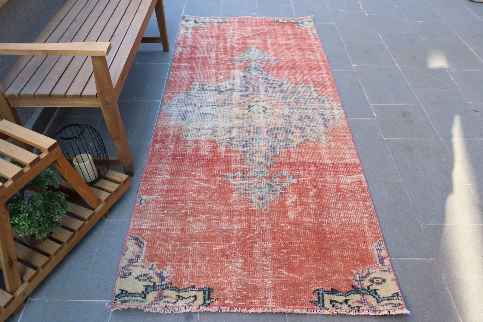 Vintage Turkish Rug, 3,4×7,8 ft Area Rug, Red Blue Camouflage Wool Rug