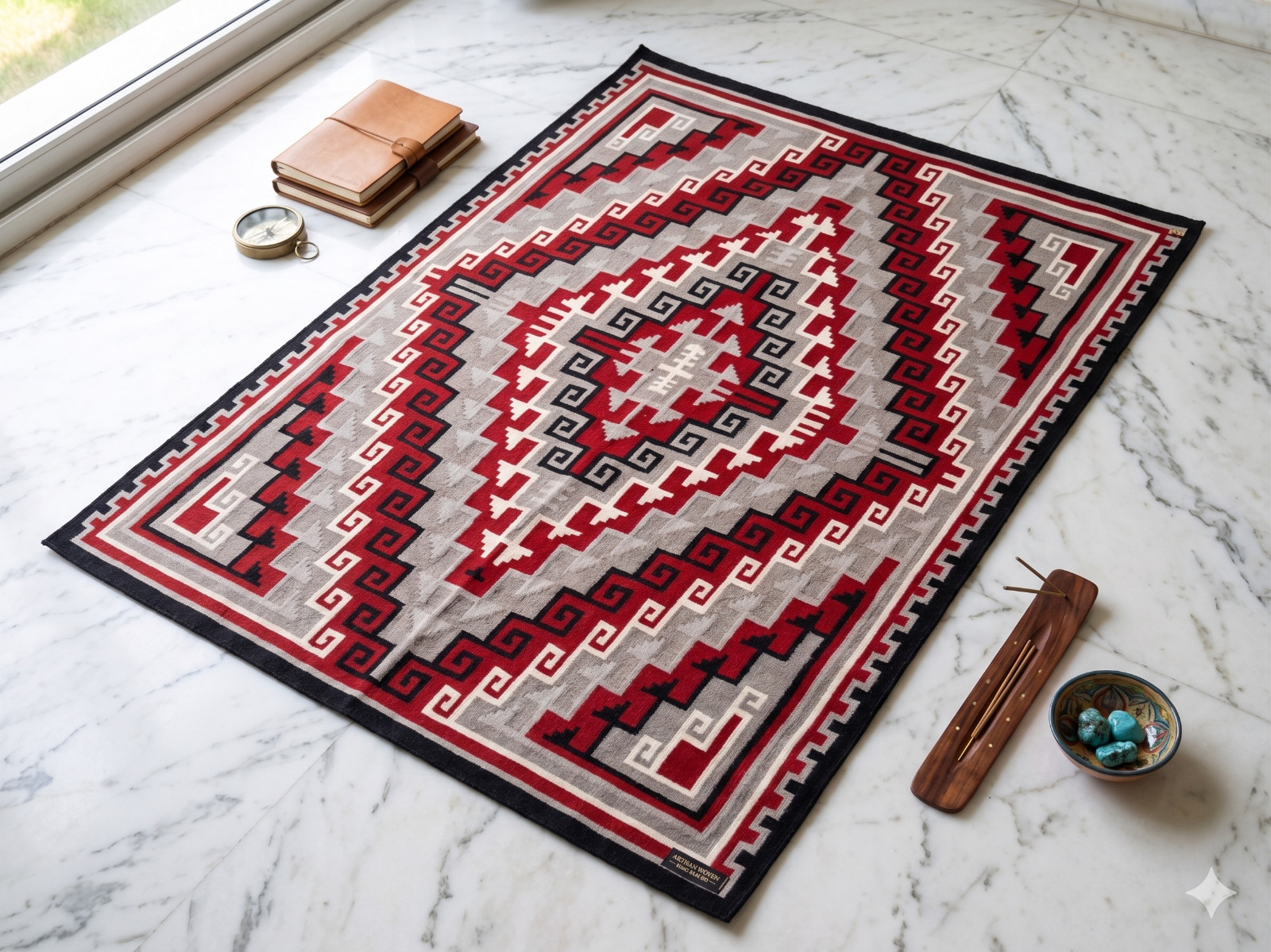 Navajo Ganado Wool Area Rug Red Grey Black Diamond Geometric Flatweave Southwest