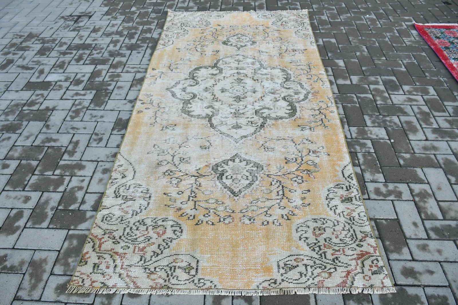 Vintage Turkish Rug, 39,7×8 ft Oversize Rug, Yellow Gray Ombré Wool Rug