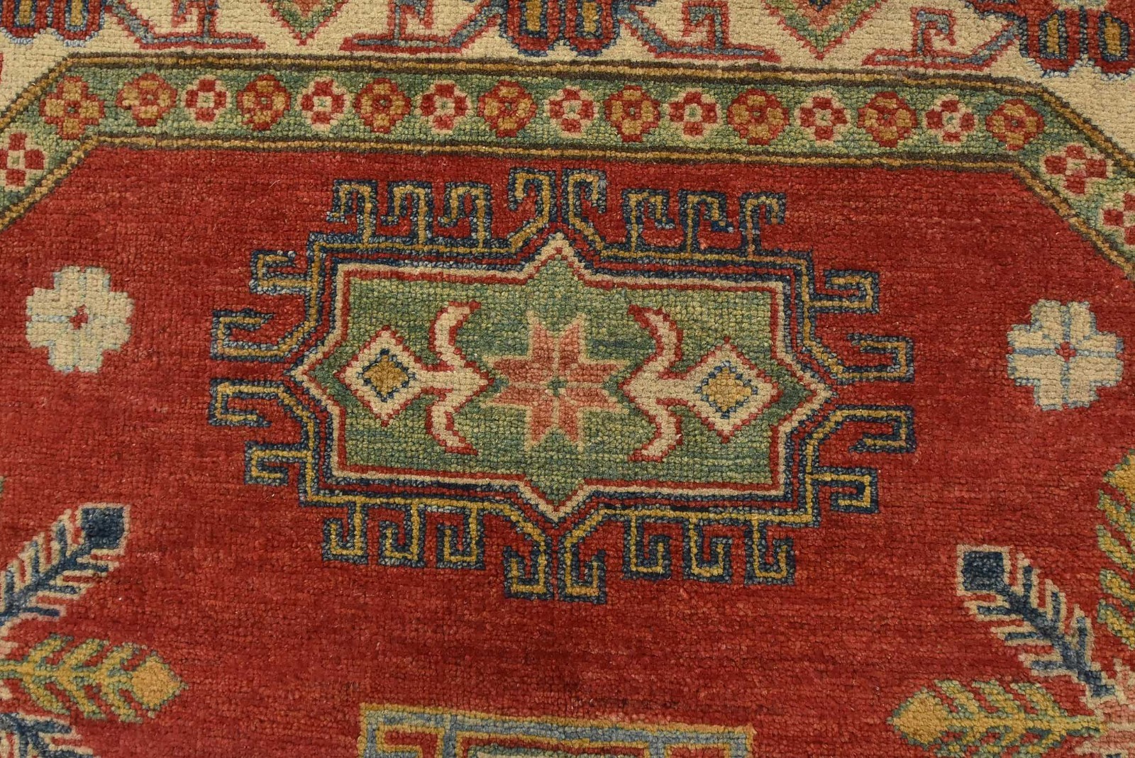 Kazak Rug 6’9” x 6’5” Red Wool Tribal Geometric Hand-Knotted Oriental Carpet