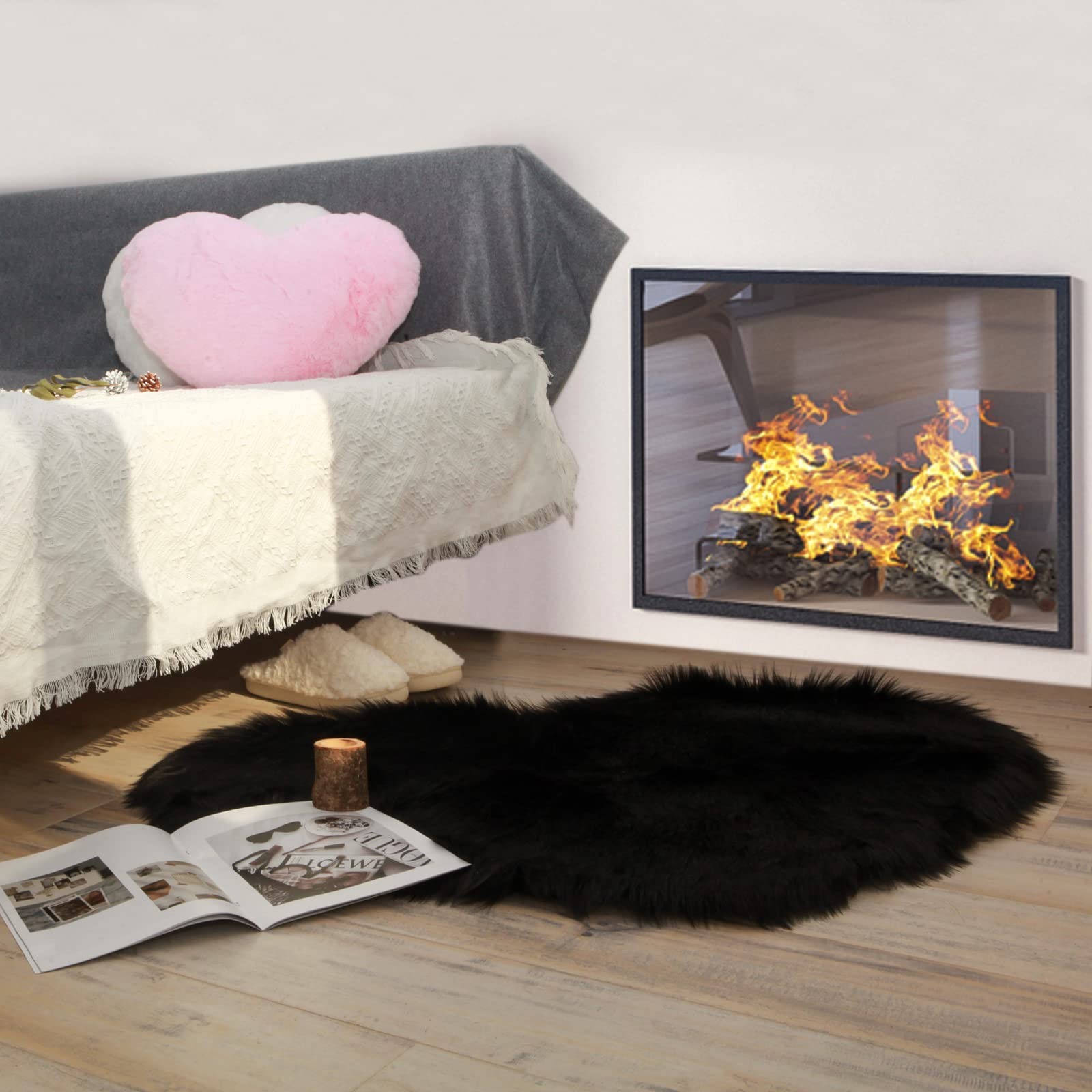 Black Heart Shaped Rug Fluffy Faux Fur Shag Mat Bedroom Living Room Decor 2×3 Ft