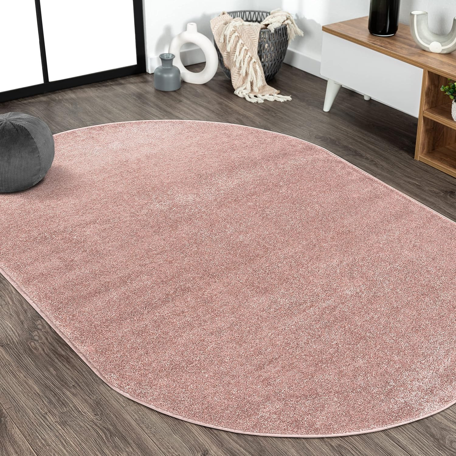 Haze Solid Low-Pile Pink 3X5 Oval Indoor Area Rug, Coastal,Bohemian,Minimalist,C