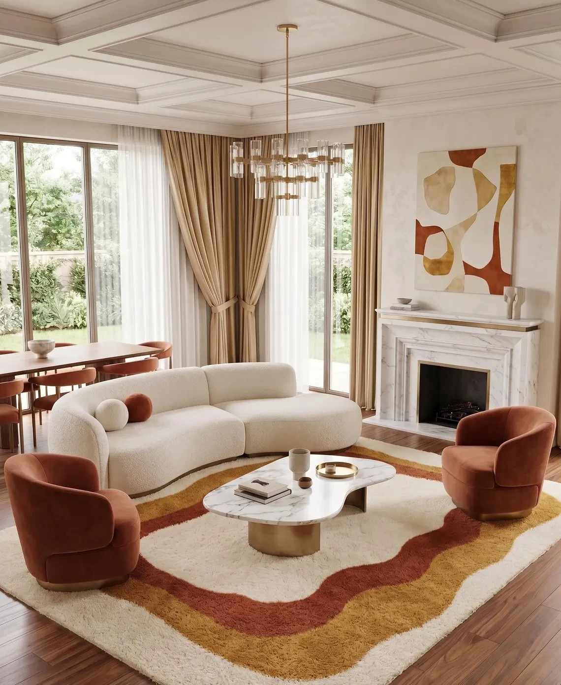 Mid Century Modern Wavy Hand Tufted Wool Rug Terracotta Mustard Cream Area Rug.