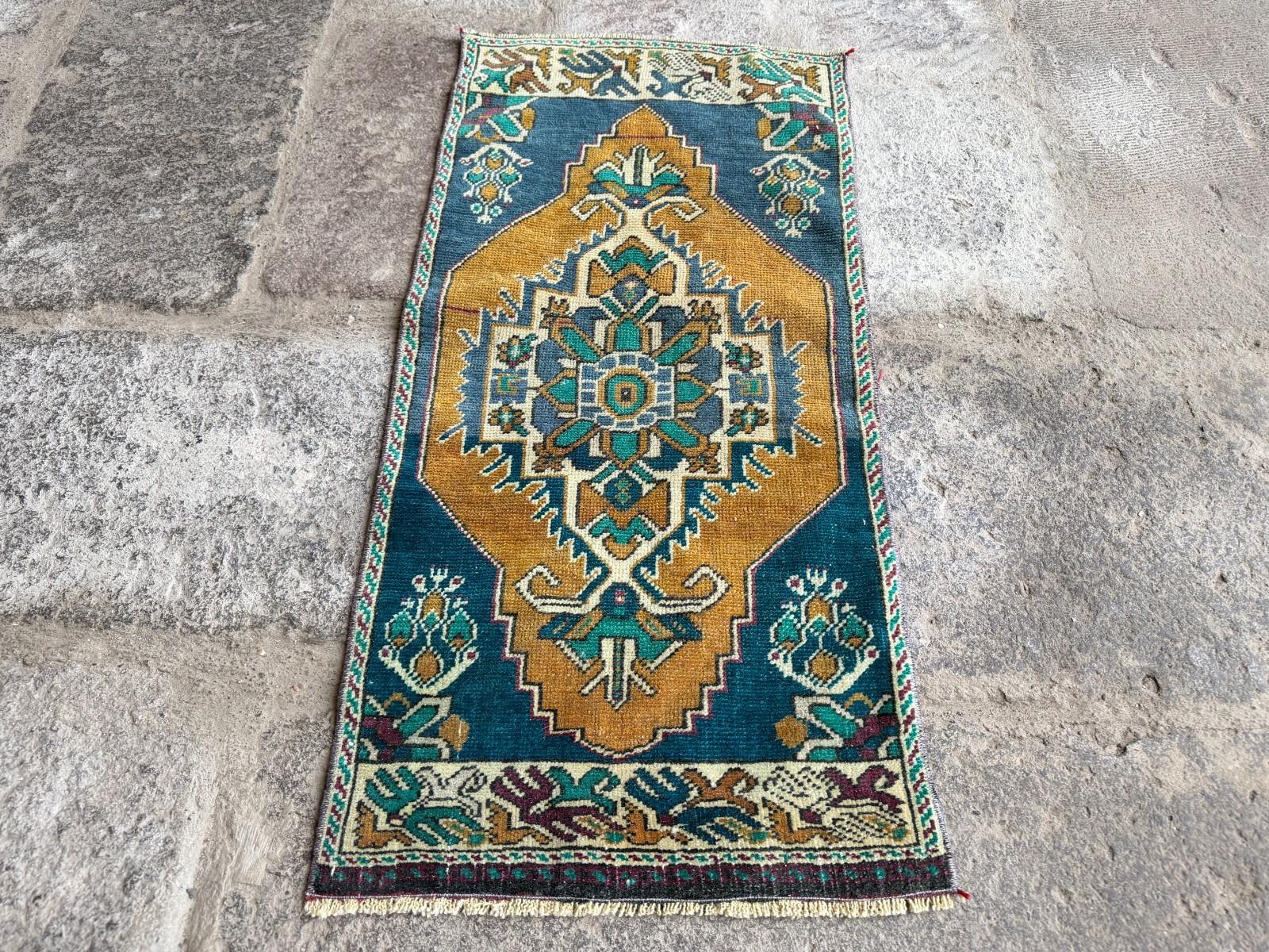 1.4×3 ft Vintage Oushak Rug Teal Blue Mustard Turkish Small Area Rug