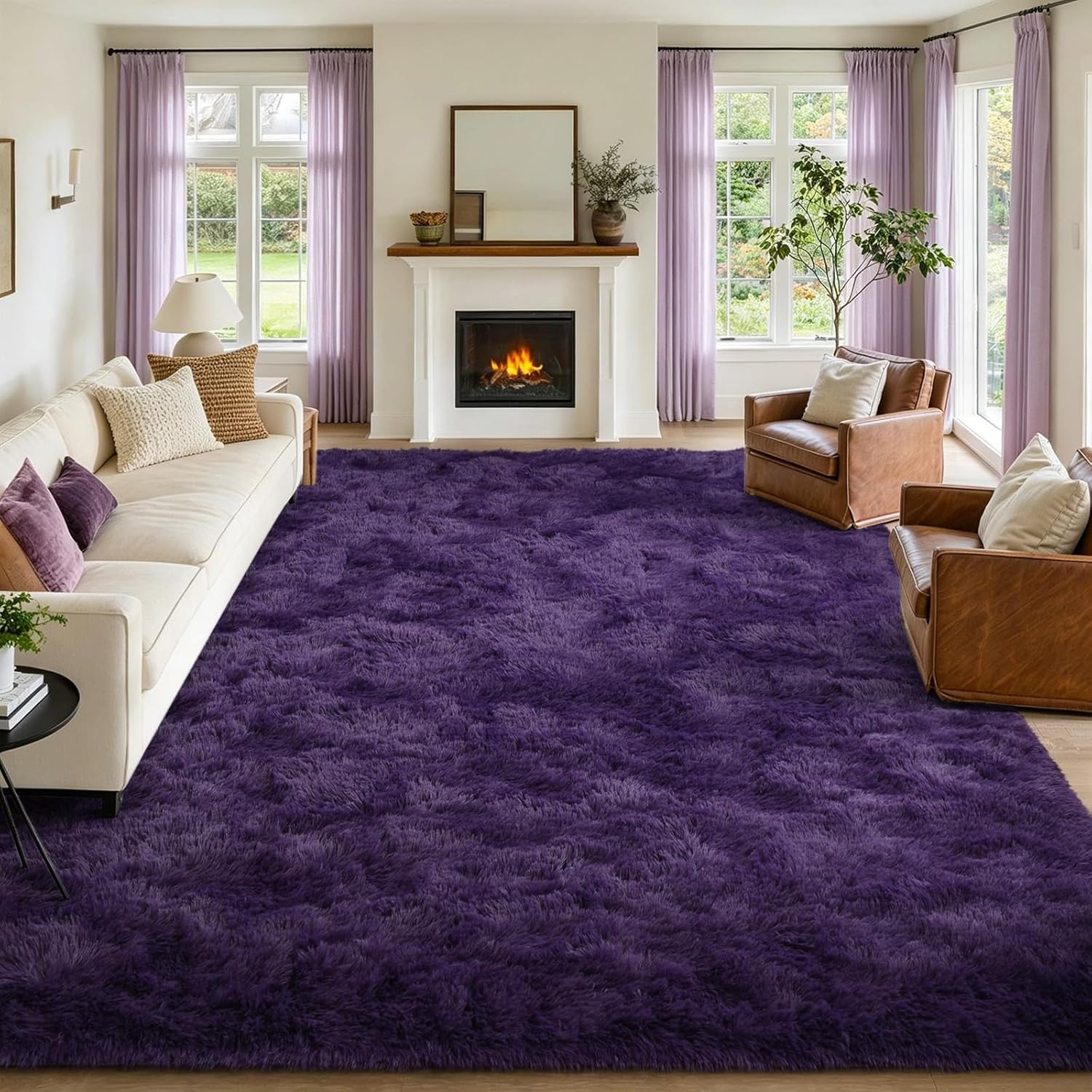 Fluffy Purple 9×12 Shag Rug – Soft Non-Slip Carpet for Kids & Teens Room
