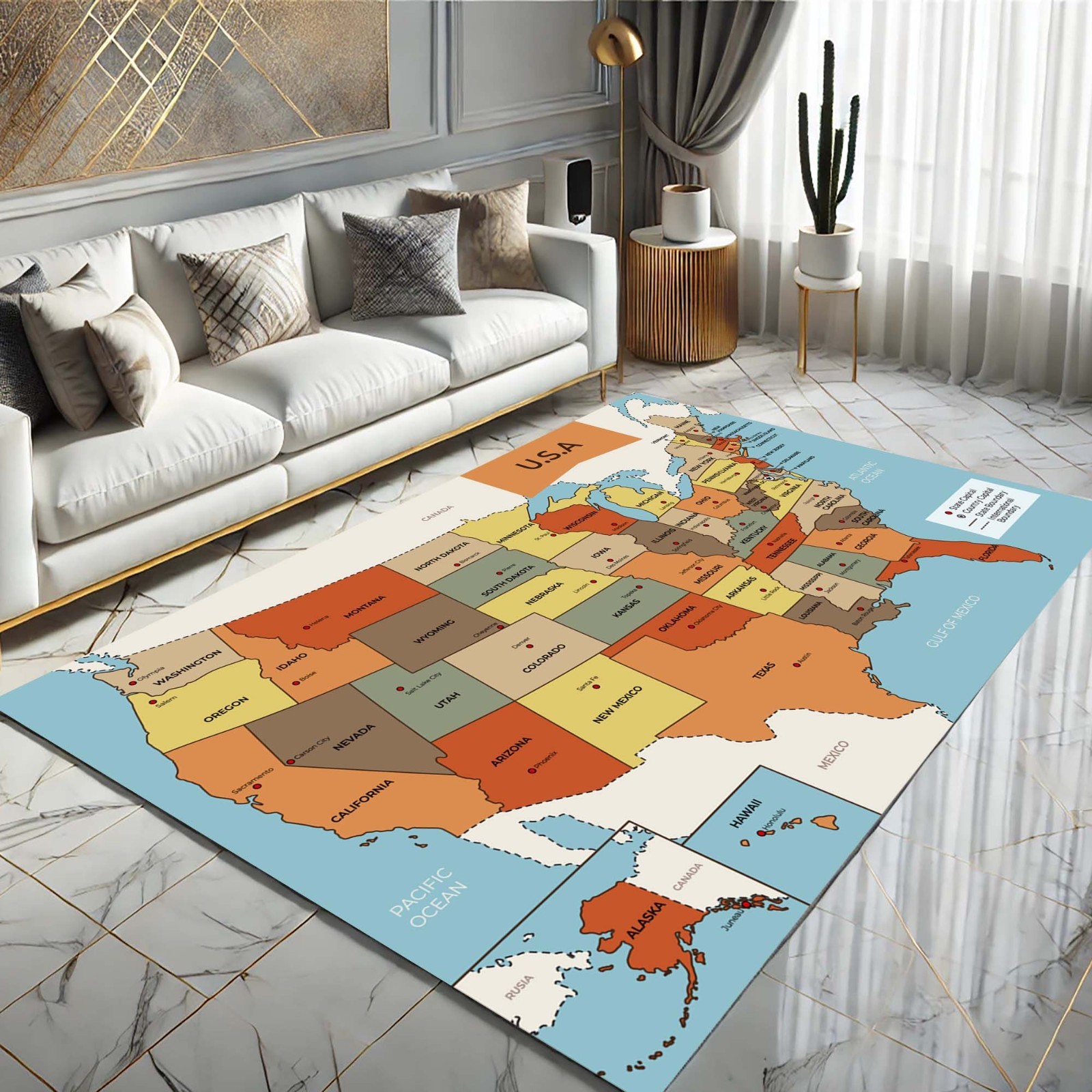 USA Map Rug, Educational Carpet, Geography Learning Mat, United States Classroom