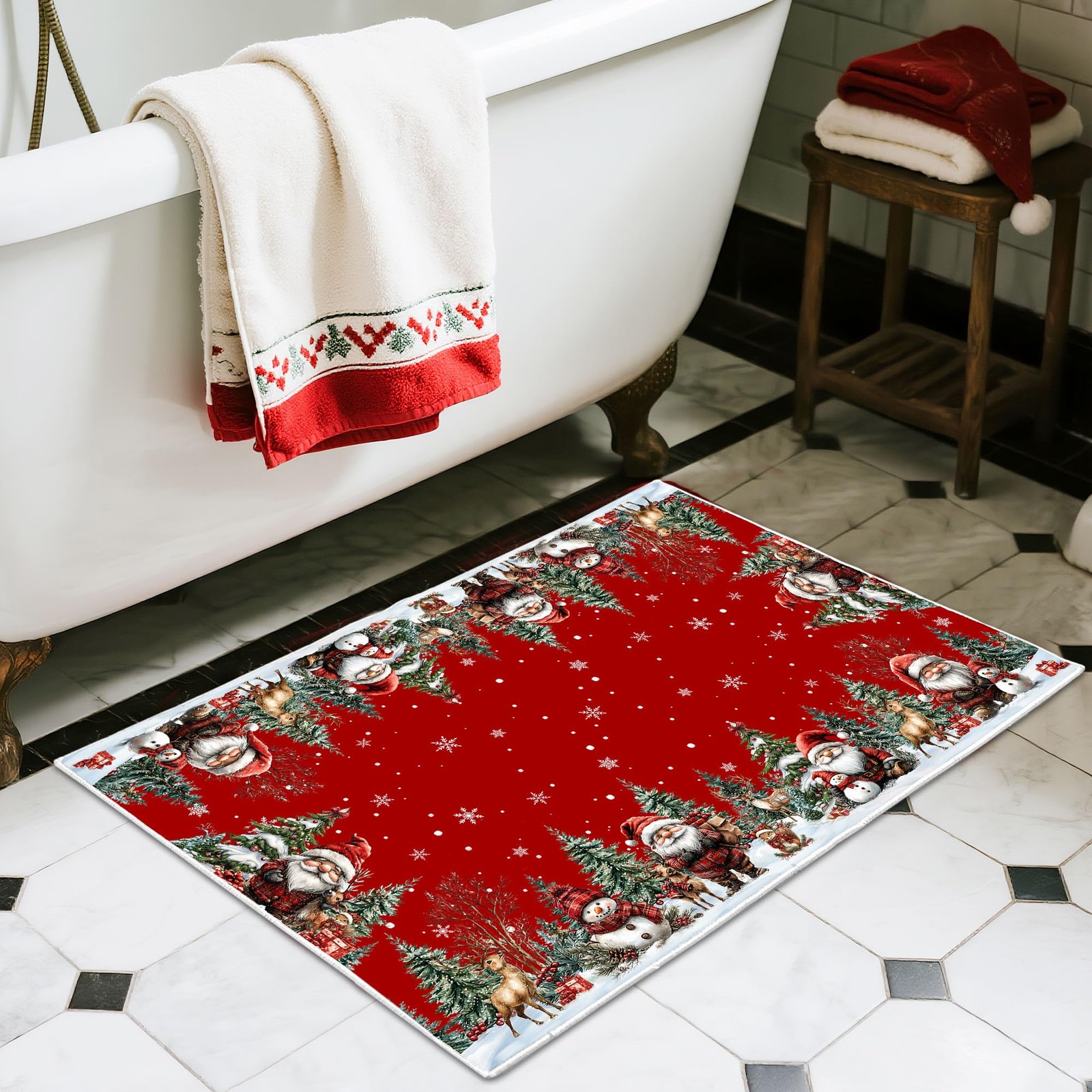 Christmas Door Mat, Santa and Snowman Red Rugs – Xmas Washable Non Slip Low P…