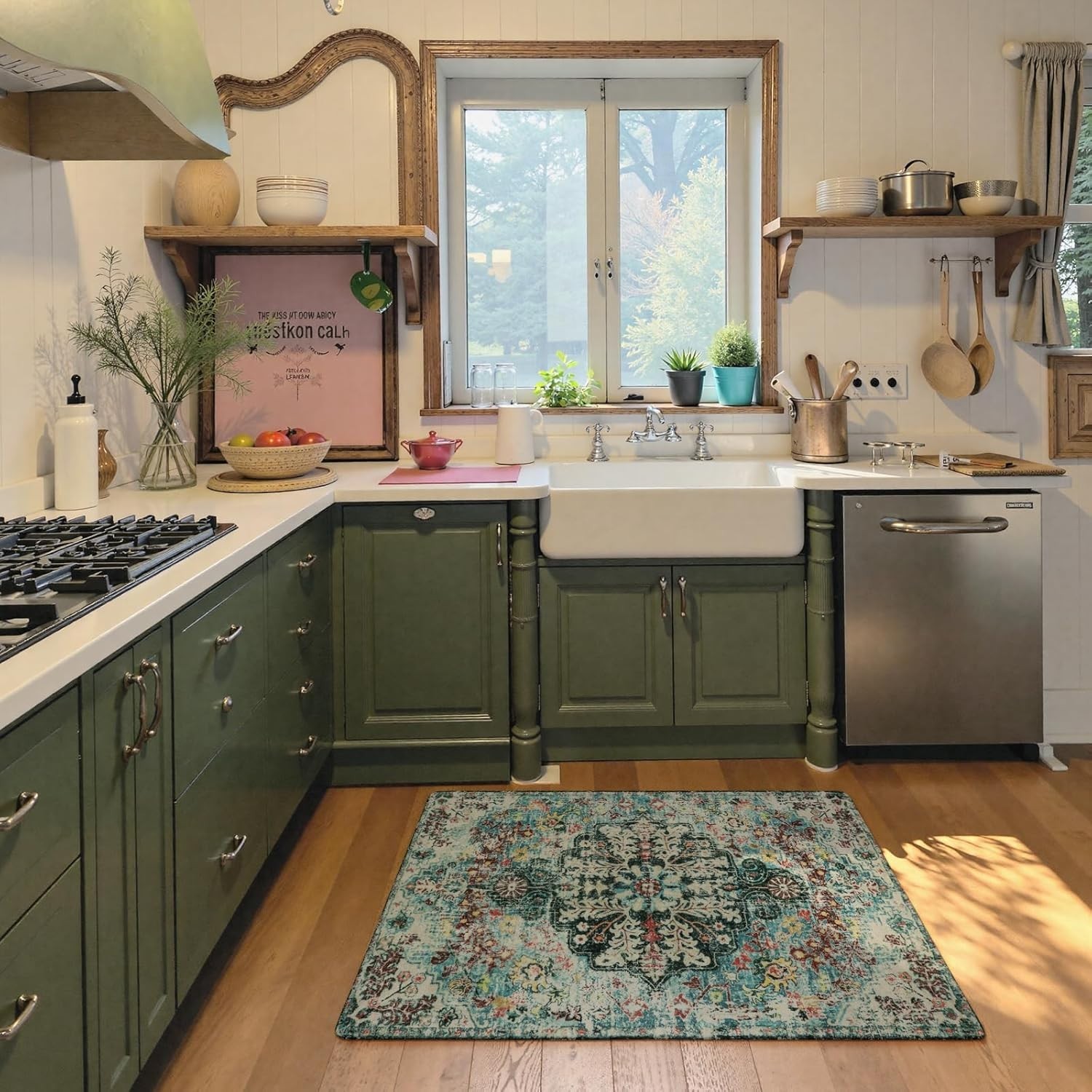 Teal 2×3 Washable Area Rug – Bohemian Floral Medallion with Non-Slip Base