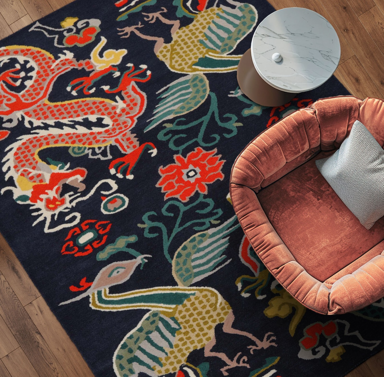 3’x5′, 5’x8′ Chinese Art Deco Dragon & Phoenix Hand Tufted Wool Area Rug Navy