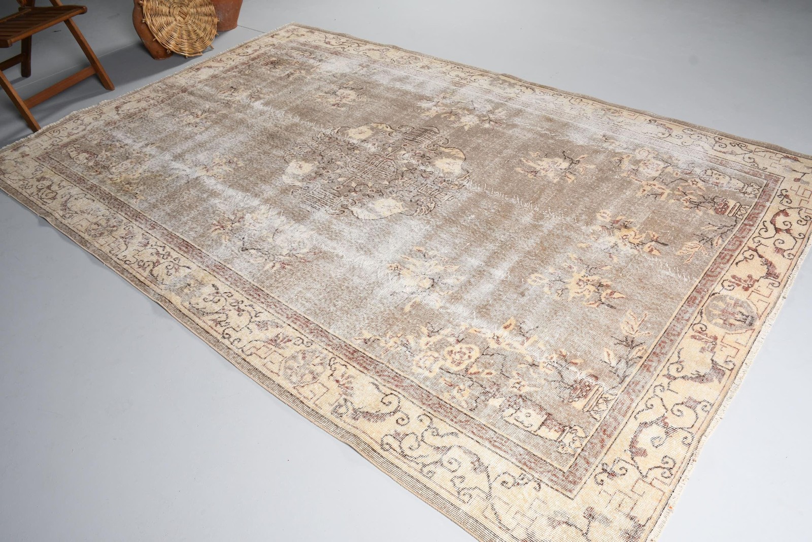 Vintage Turkish Rug, 6,8×10,1 ft Rug, Brown White Bordered Rug