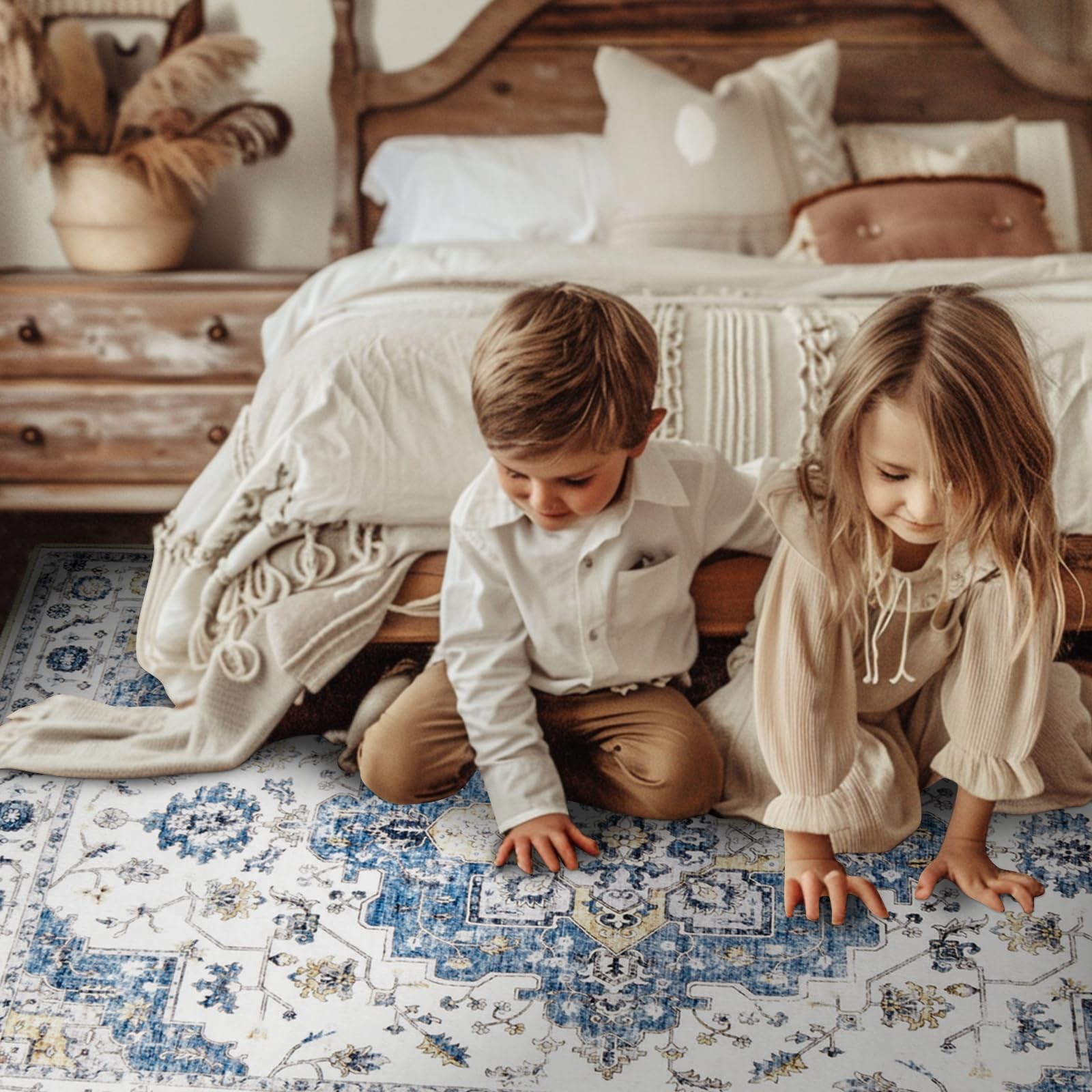 Jinchan Area Rug 5X7 Vintage Washable Bedroom Rug Floral Medallion Lightweight