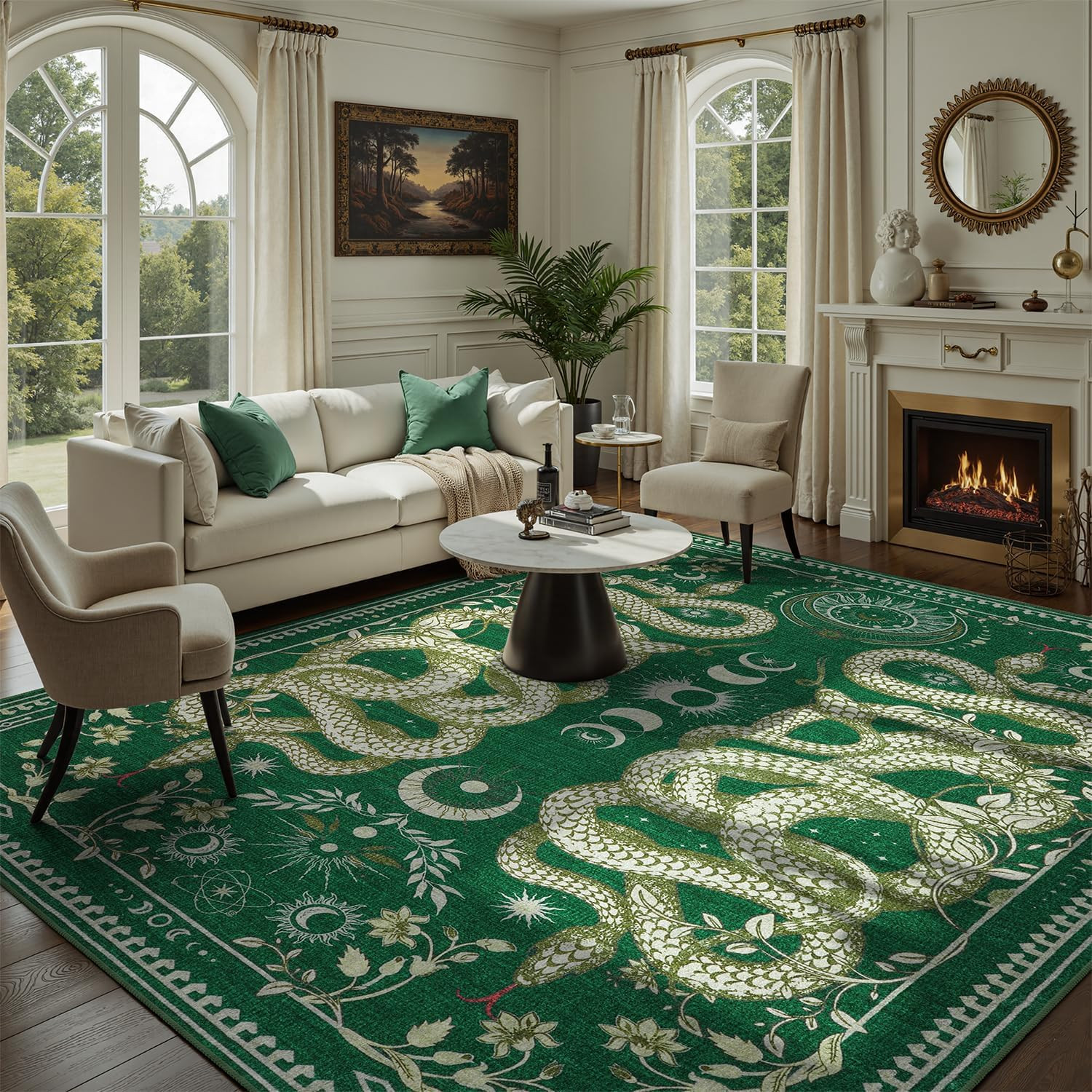 Washable 9X12 Snake Rug, Green Gothic Rug for Living Room, Soft Low Pile Carpet,