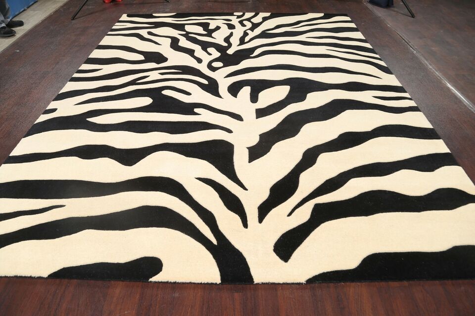 Zebra Animal Print Black/White Hand Tufted Handmade Oriental Woolen Area Rugs