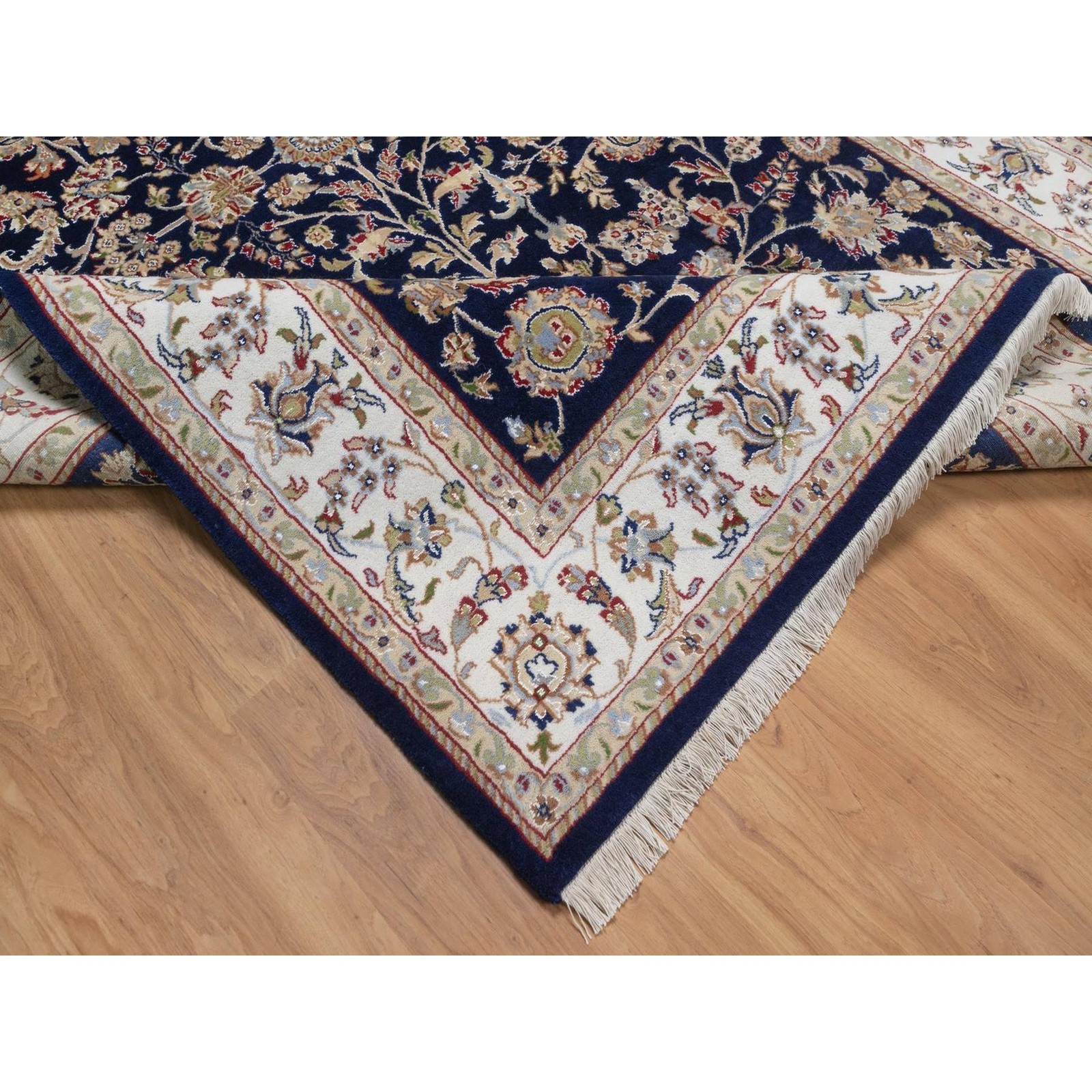 6’x9’5″ Midnight Blue Nain Wool and Silk Soft 250 KPSI Hand Knotted Rug 92555
