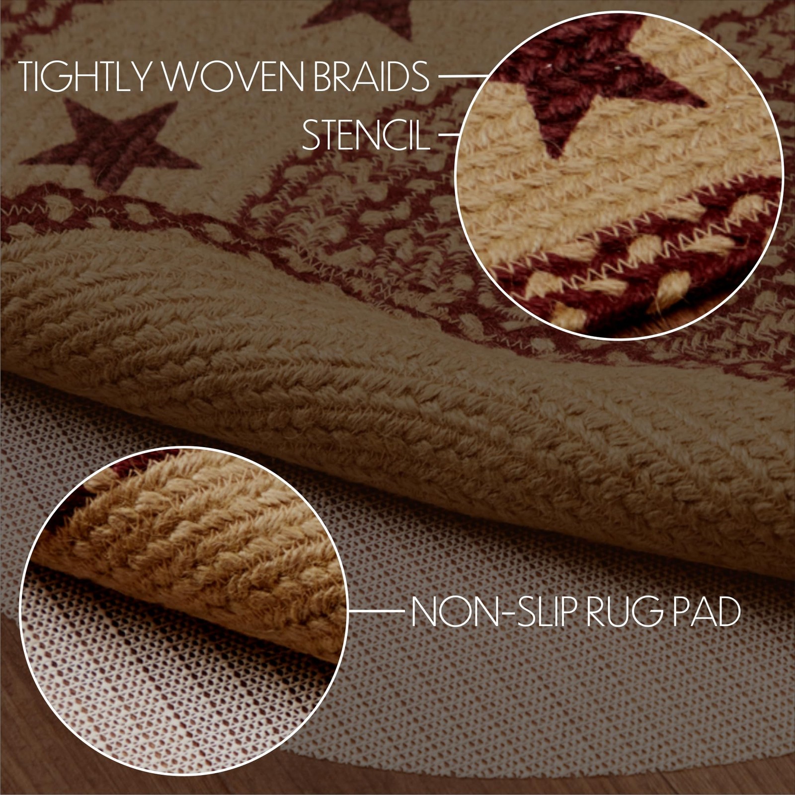Burgundy Tan Jute Rug Oval Stencil Stars w/Pad 20×30