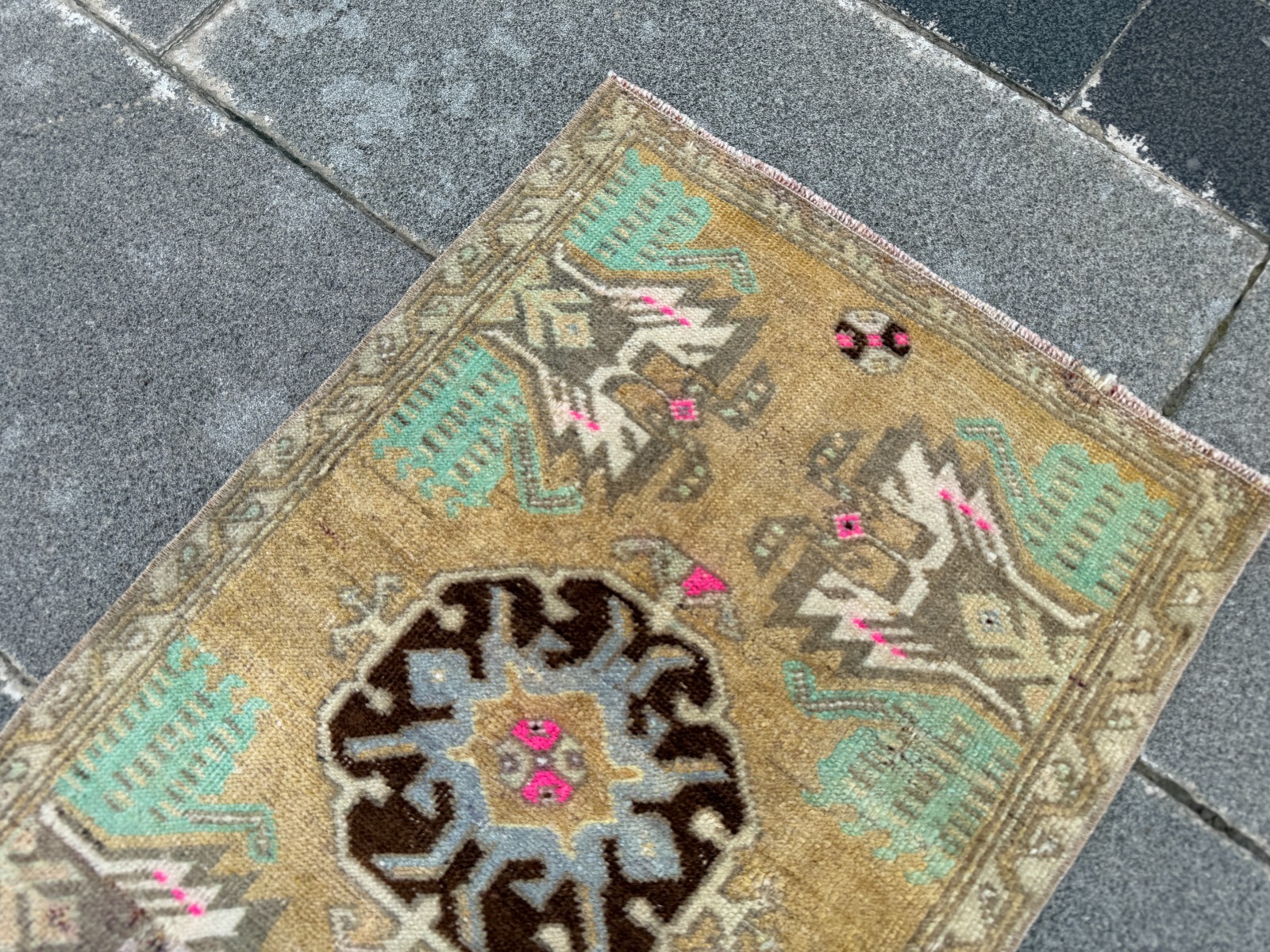 Vintage Turkish Oushak Rug 1.4×2.3 ft Mustard Gold Door Mat Accent Rug