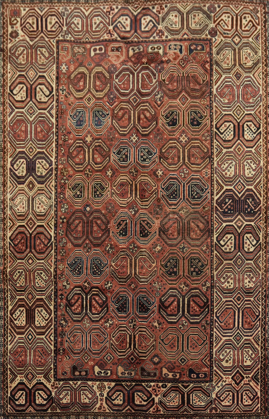 Elegant 5×8 Vintage Hand-Knotted Wool Geometric Area Rug in Rust & Cream Tones