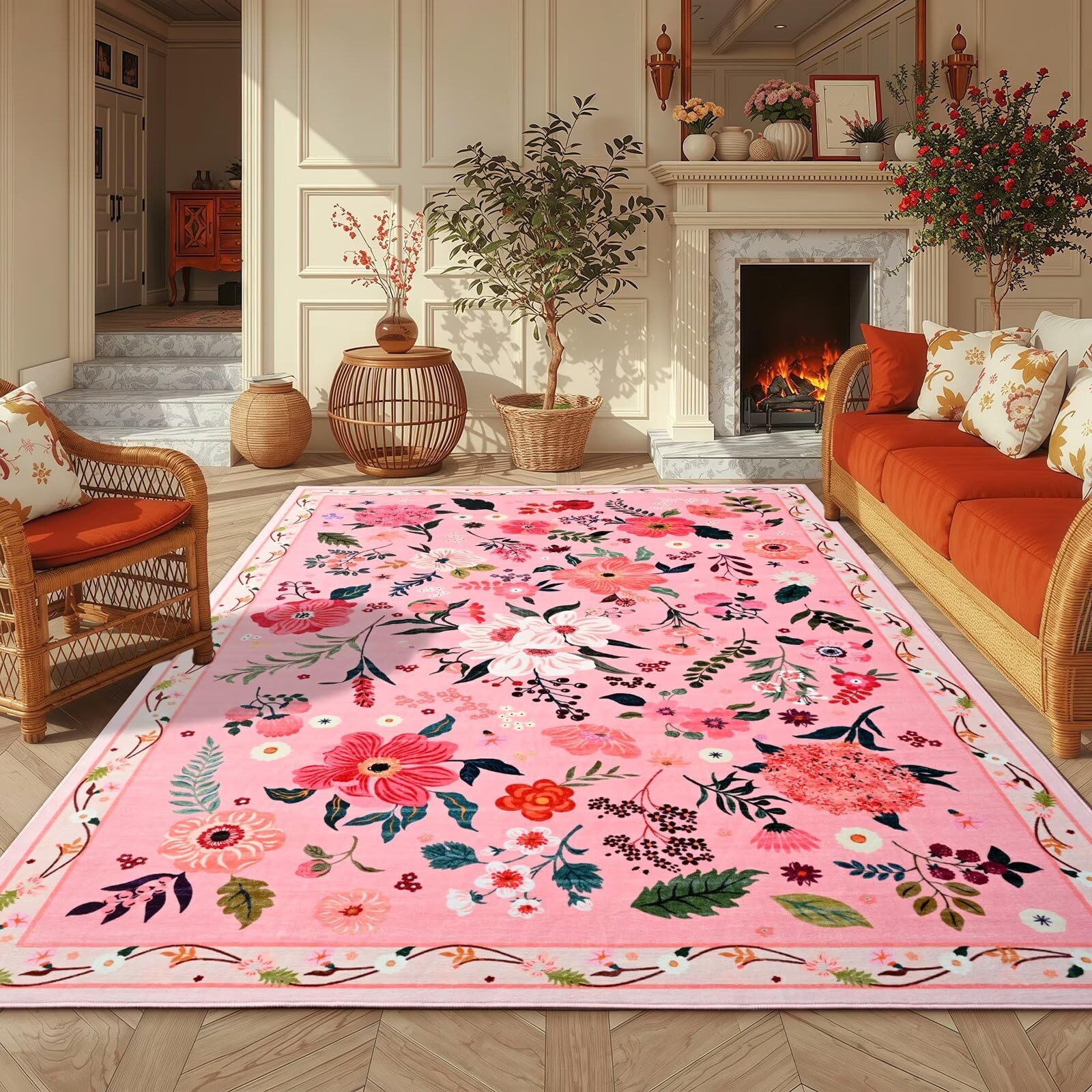 5×7 Pink Floral Rug for Living Room, Machine Washable Area Rugs with Non Slip