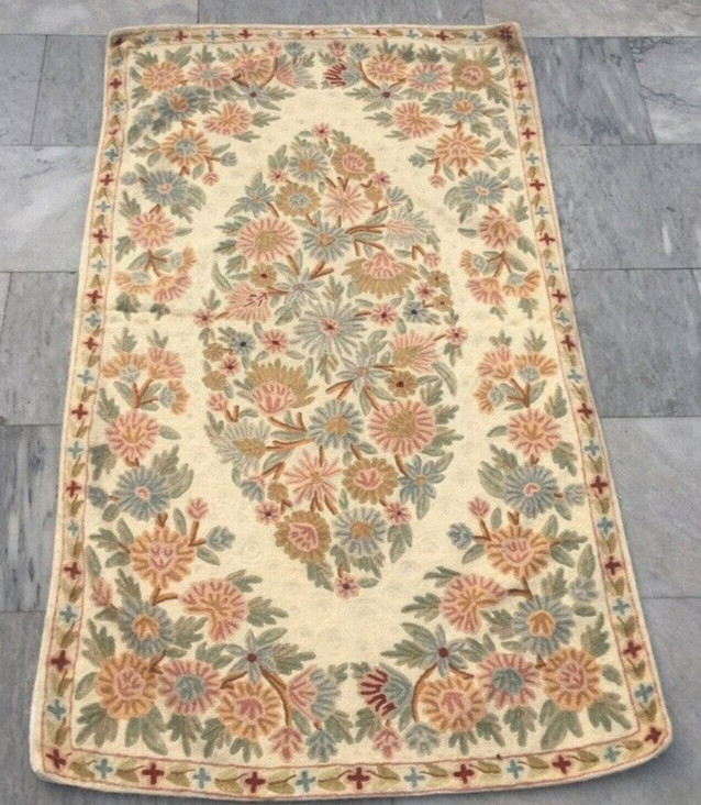 Vintage French Style Aubusson Rug Needlepoint Chain stitch Rug 3×5 ft Free Ship