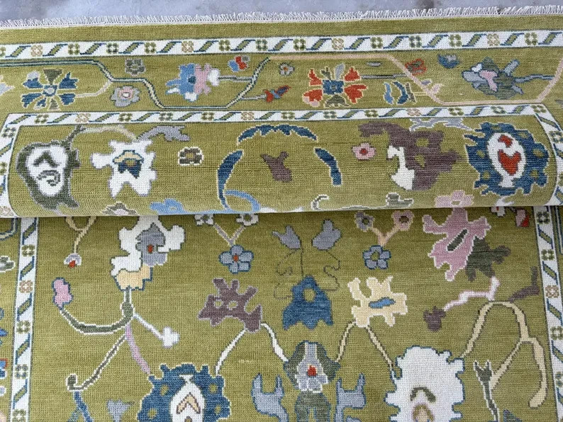 Handmade Green Oushak Rug: New Zealand Wool Turkish Carpet Lime Green