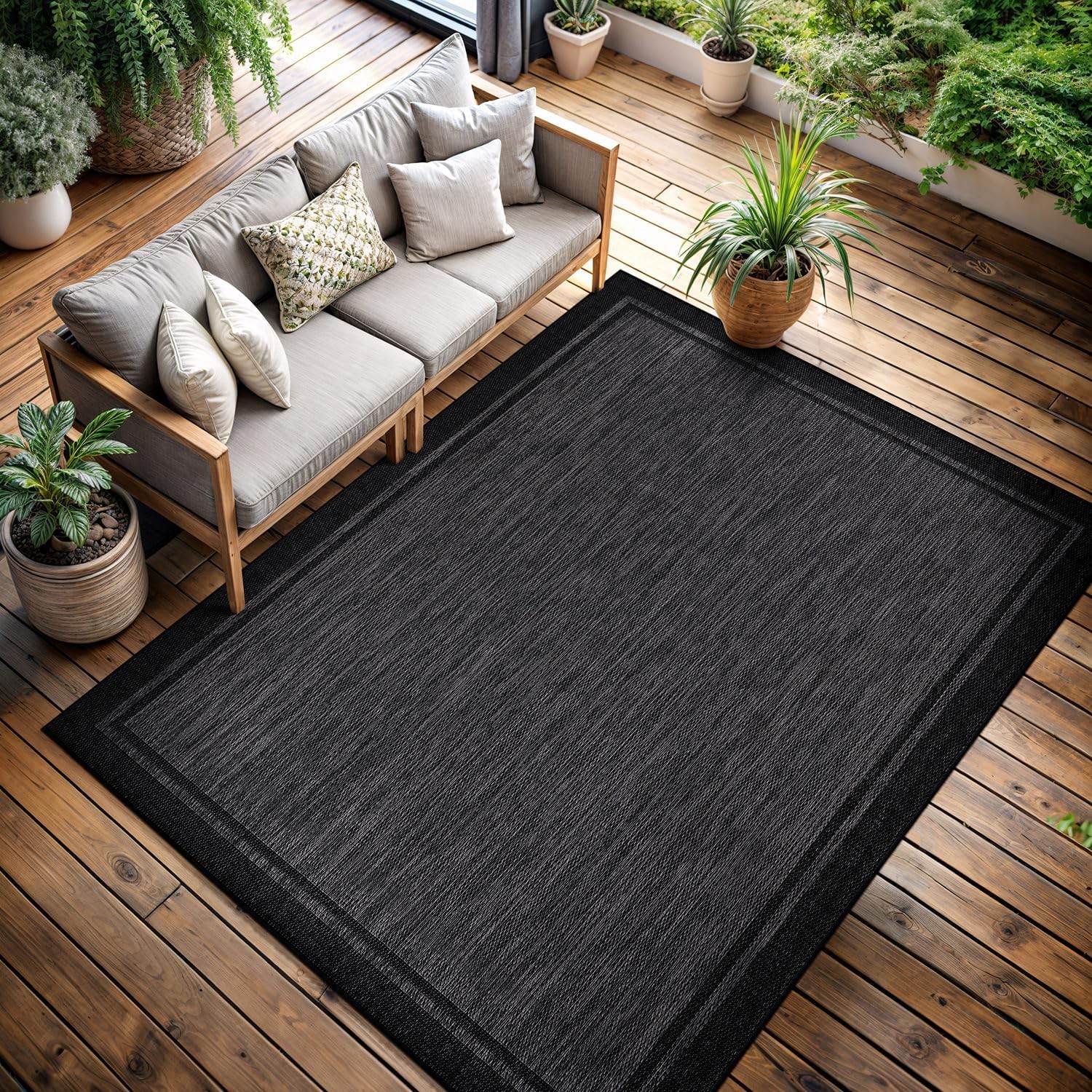 Indoor Outdoor Rug 6×9 Bordered Black Modern Area Washable Dark Grey