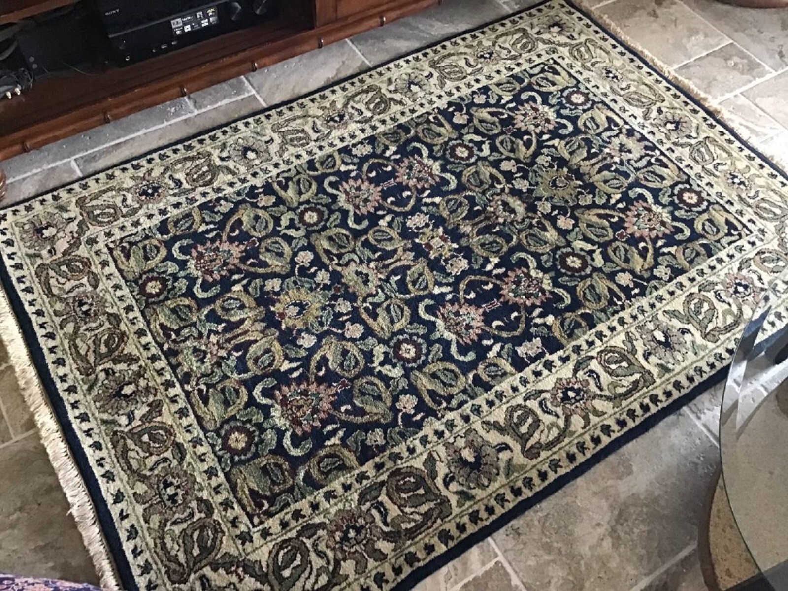 Hand Knotted Area Rug 4x6ft Blue Ivory Vintage Darshan Collection Dorset India