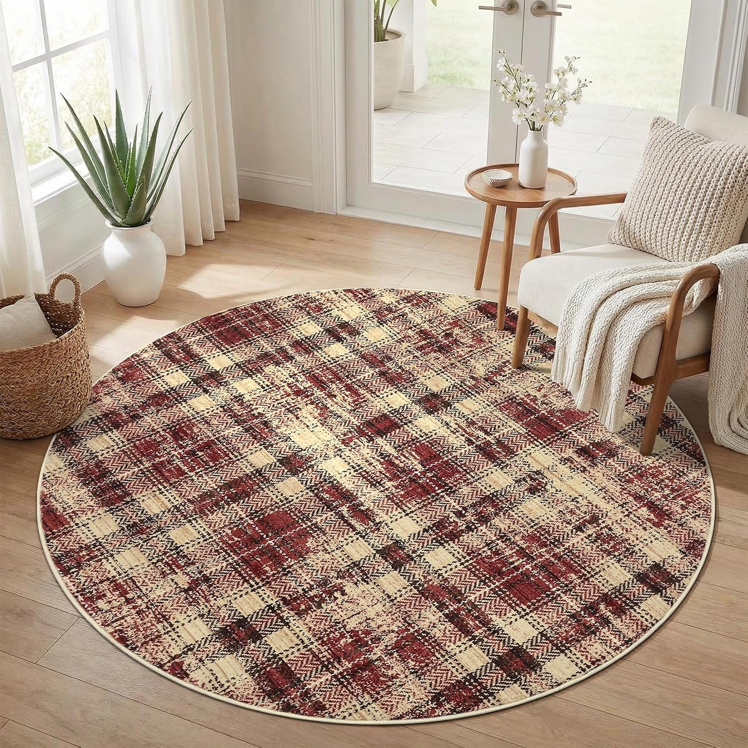 Tartan Plaid round Area Rugs 4Ft, Washable Non-Slip Soft Small round Rug 4X4 Ult