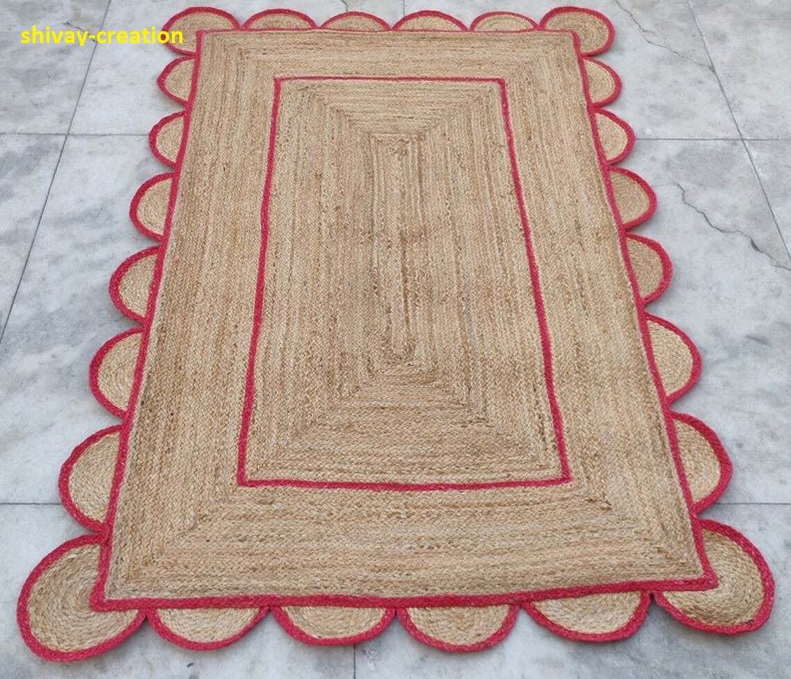 Scalloped Rug 100% Natural Jute Handmade Braided Floor Mat Rustic Look Area Rug