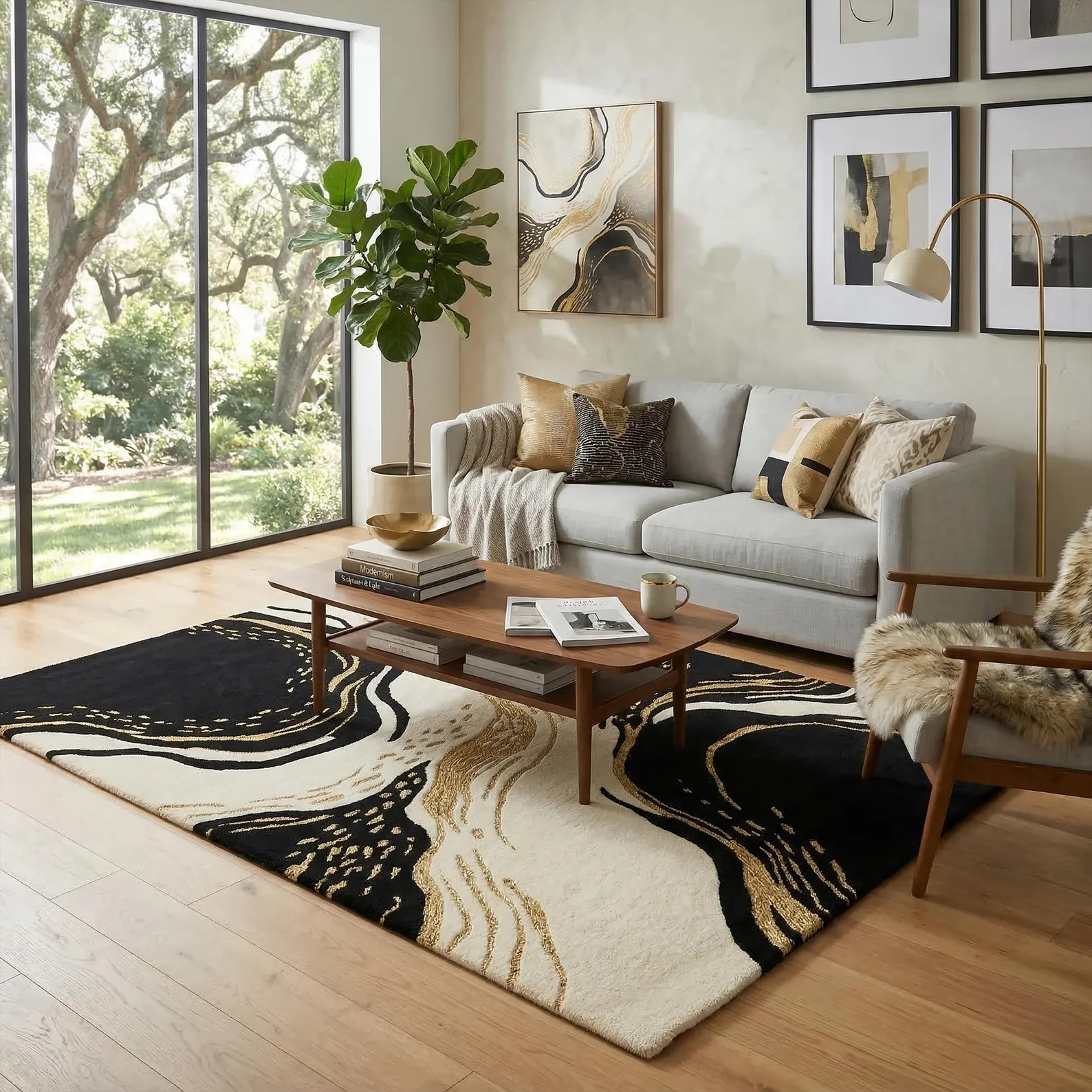 Abstract Hand Tufted Wool Rug, Black Cream Gold Marble Design Rugs for living