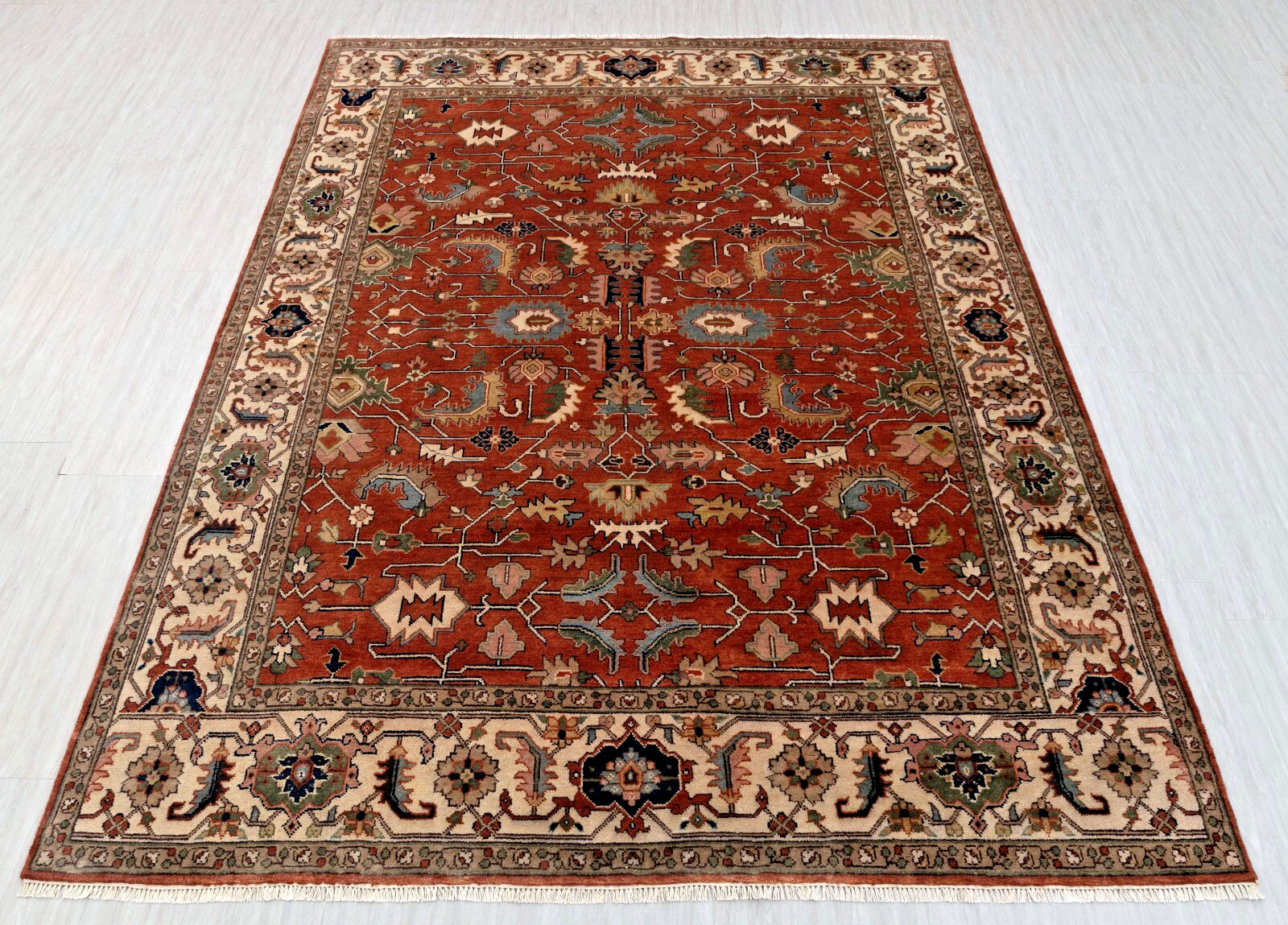 9×12 Traditional Look Rust Cream Fine Quality Weave Hand Knotted Living Room Rug