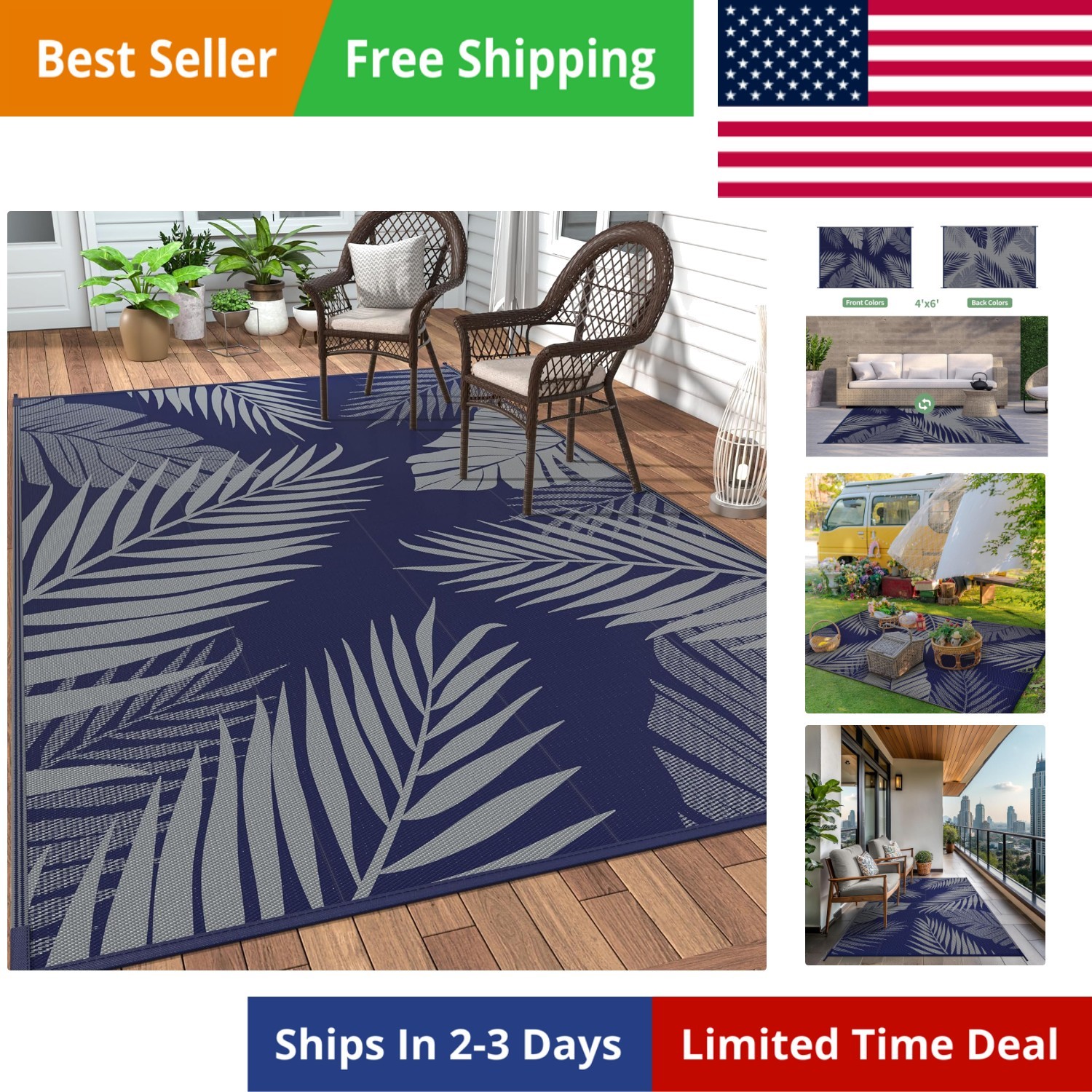 Outdoor Rug 4′ x 6′ Waterproof for Patios Clearance, Reversible Outdoor Plast…