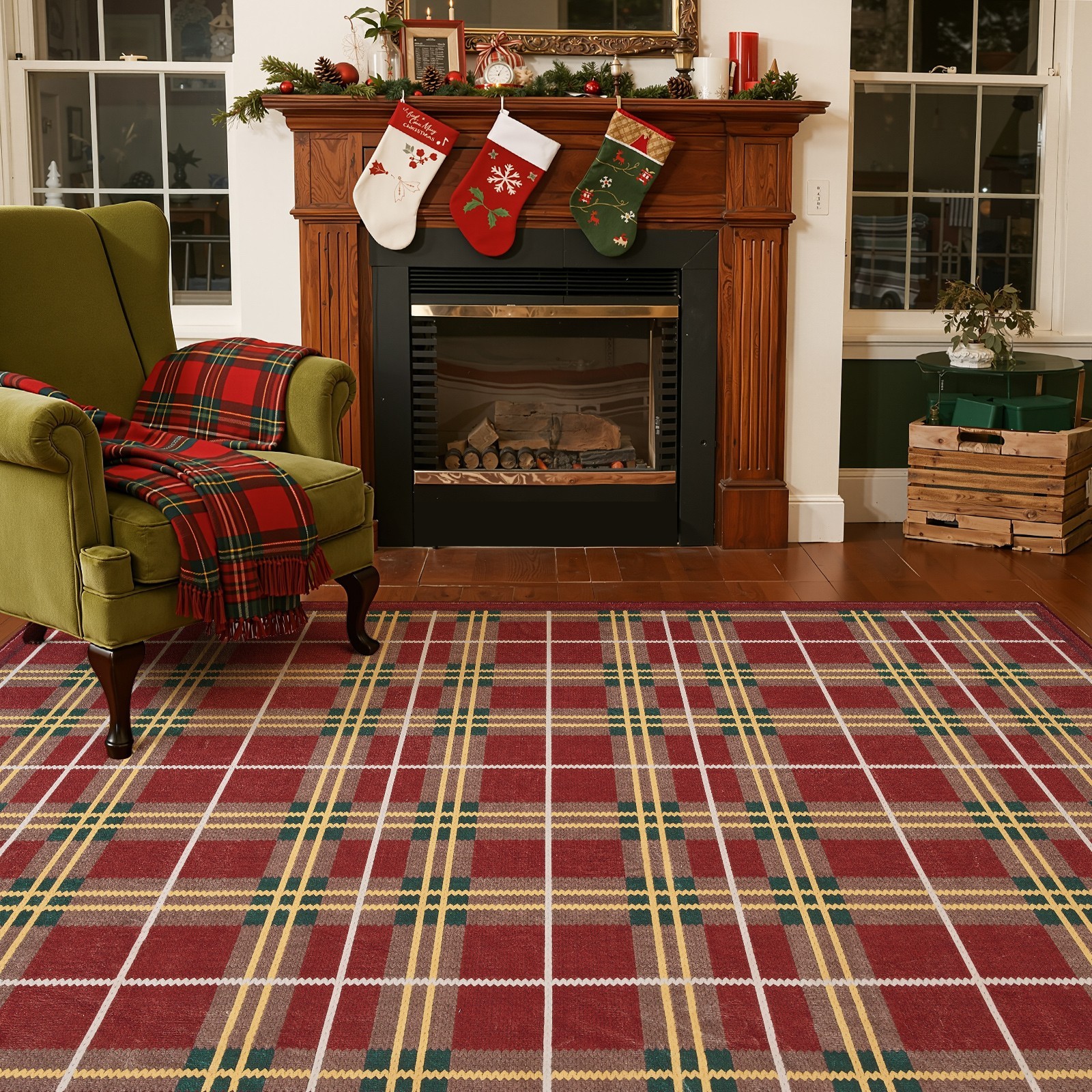 6×9 Plaid Area Rug Washable Non-Slip Living Room Indoor Christmas Red Green
