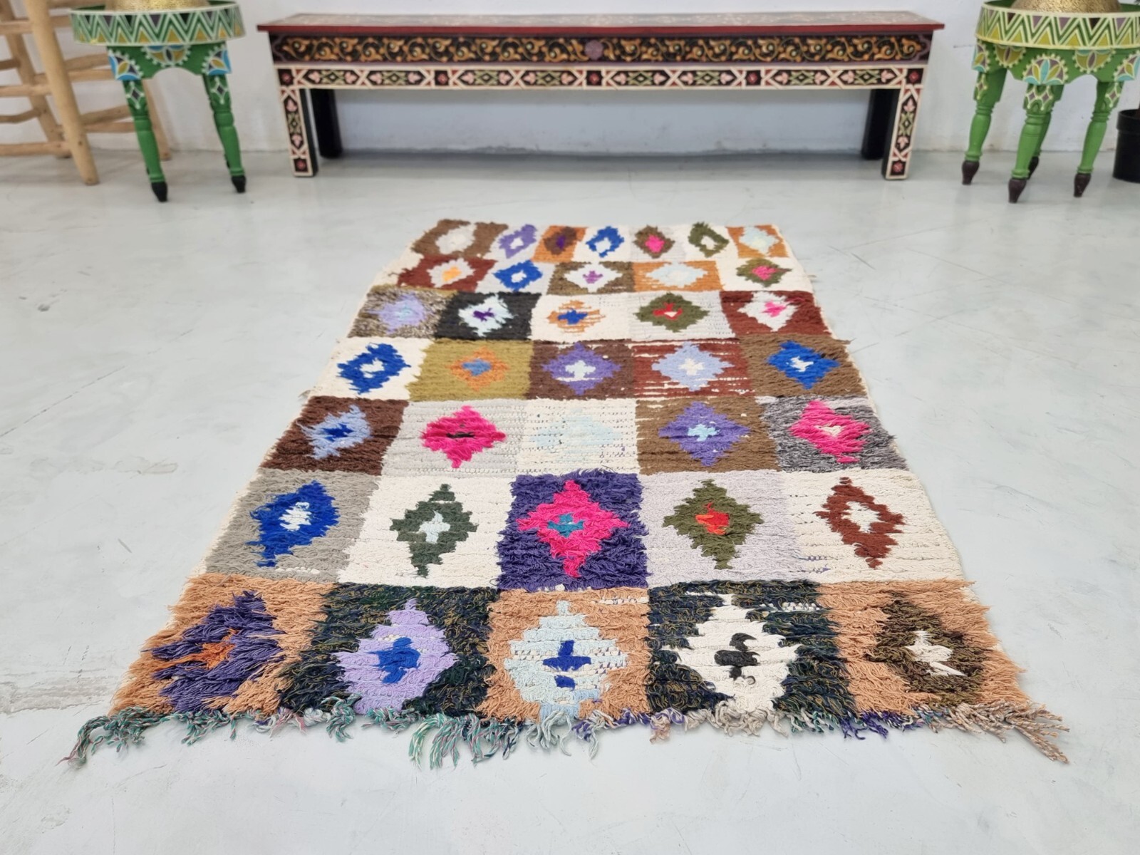 Moroccan Handmade Vintage Rug 2’8×5’1 Berber Geometric Multicolor Cotton Rug