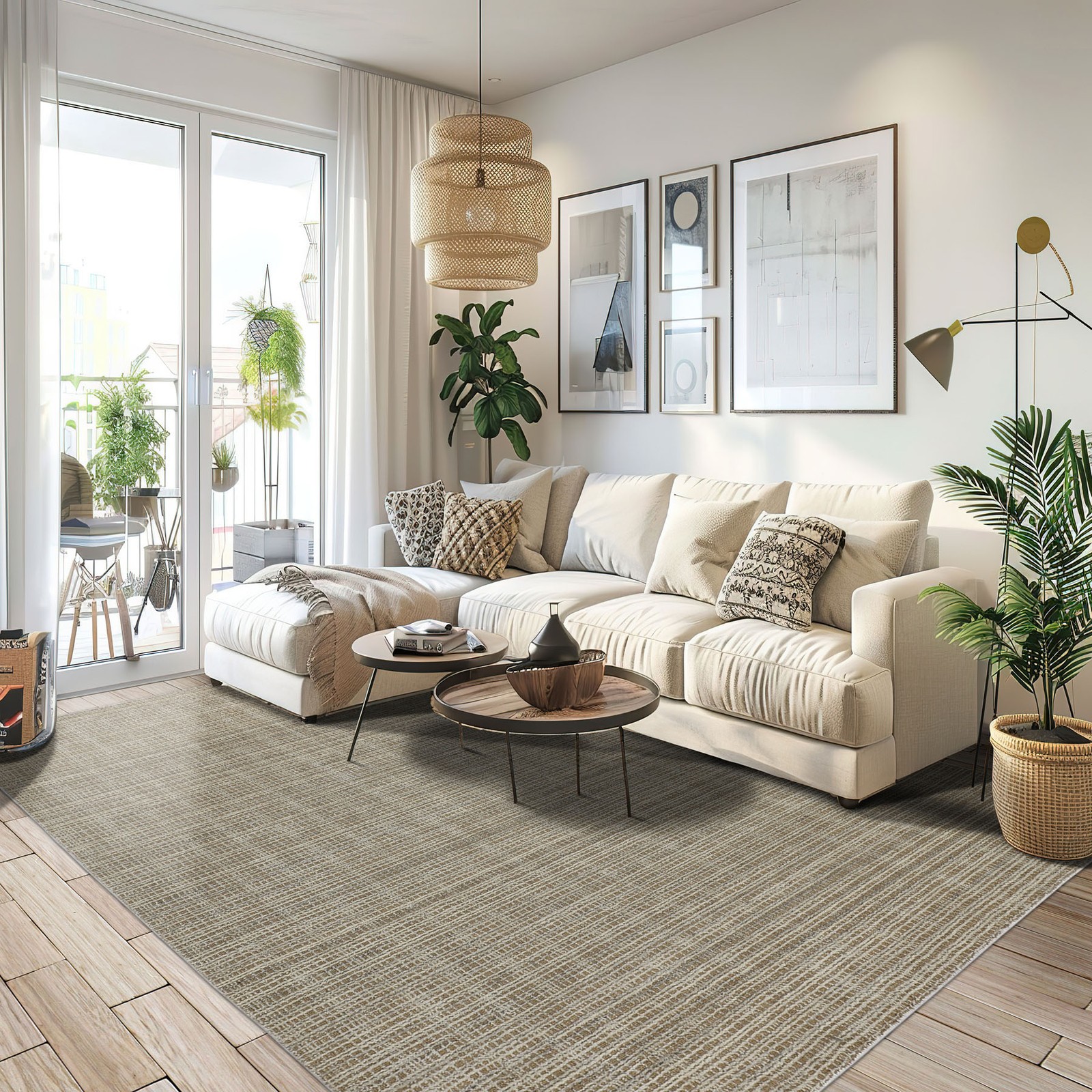 8×10 Hand Loomed Wool & Jute Tan Ivory Textured/ Grid Loop N Cut Pile Area Rug