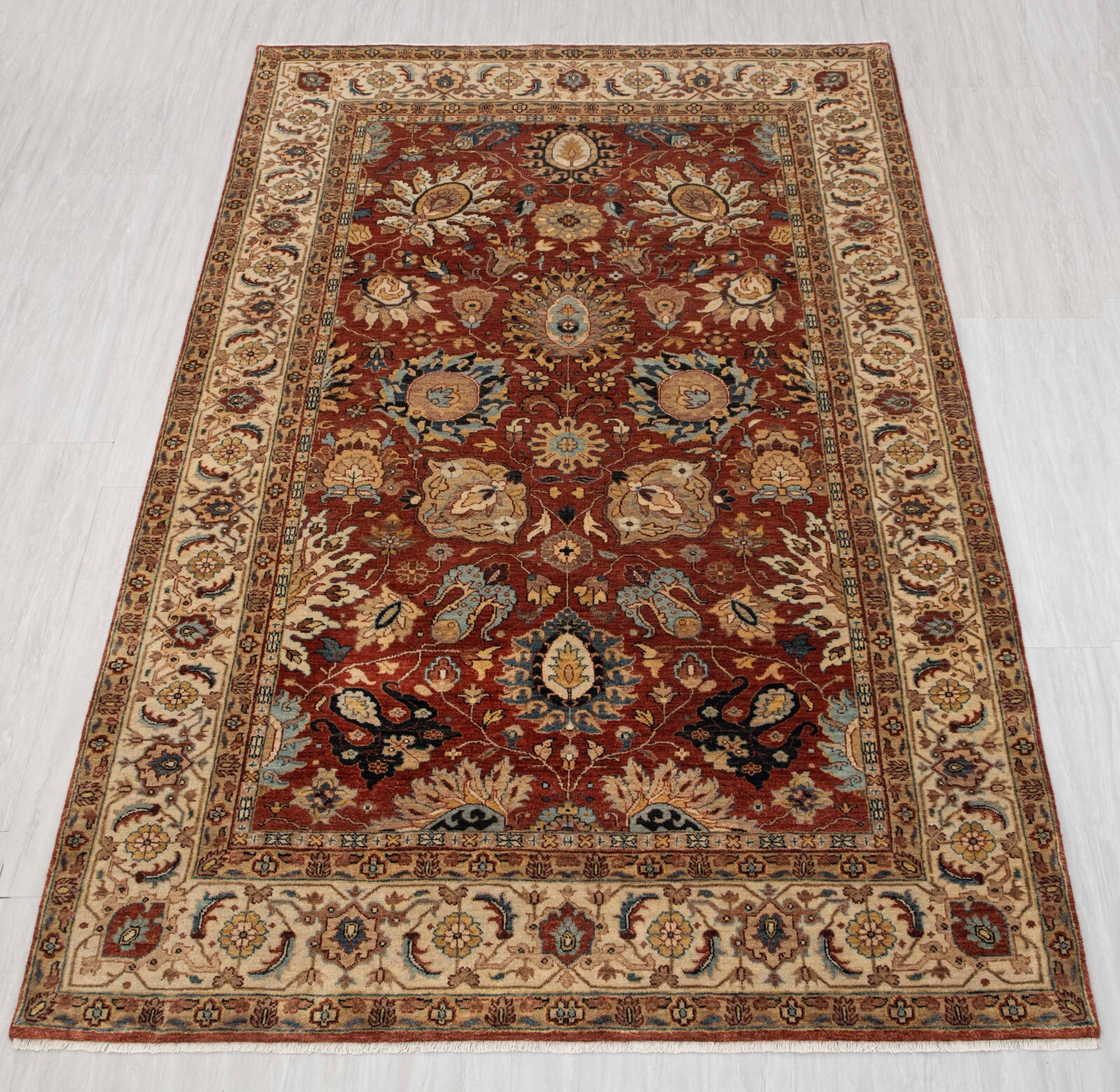 Rust Cream Vintage Reproduction Fine Density Soft Hand Knotted Wool Custom Rug