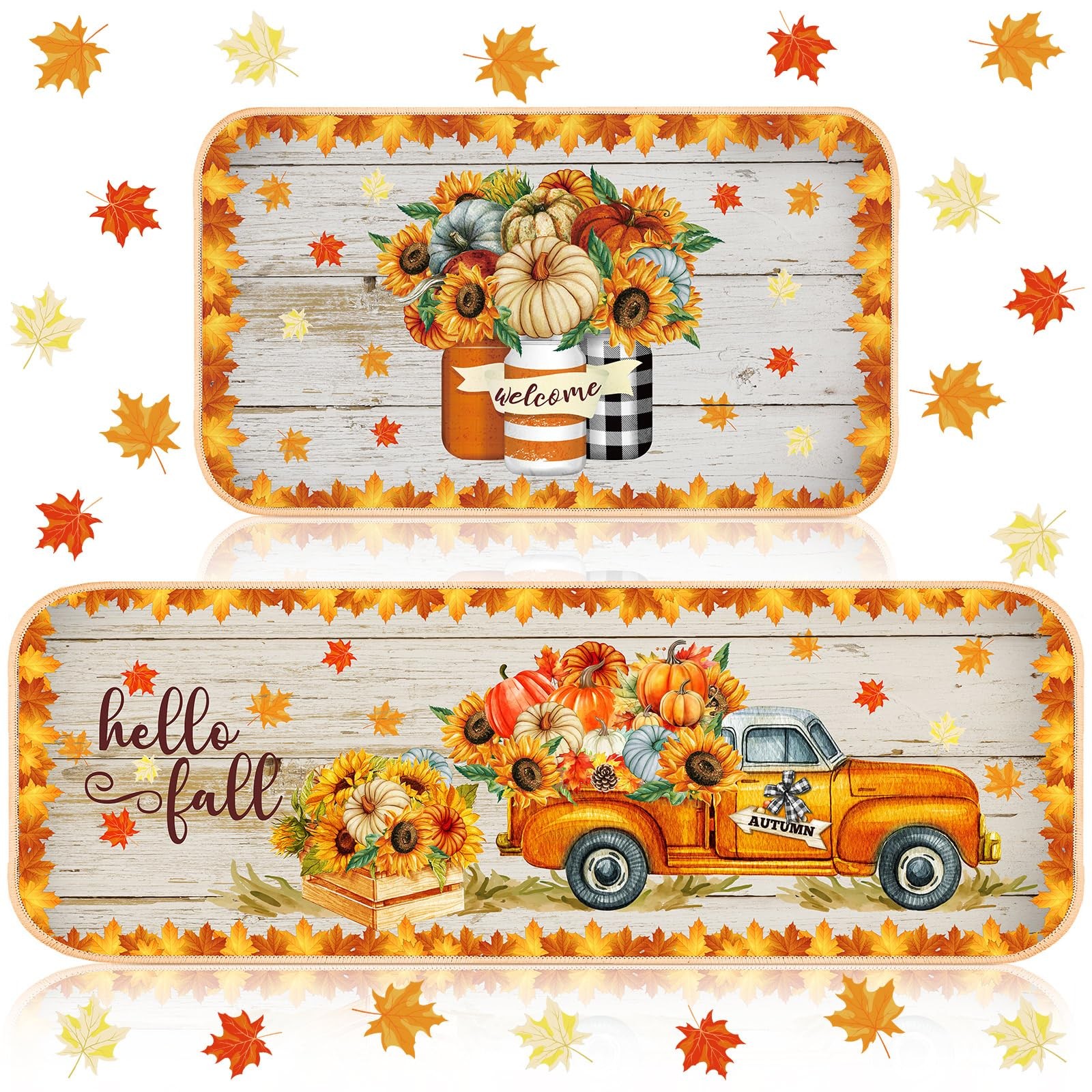 2 Pieces Thanksgiving Kitchen Rugs Fall Mats Thanksgiving Pumpkin Sunflower O…