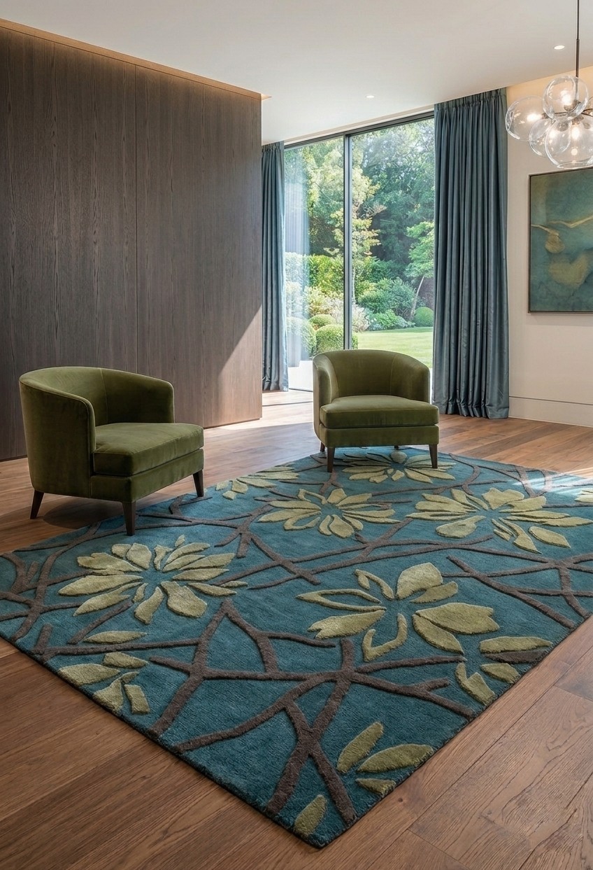 Botanical Vine Hand Tufted Wool Rug – Teal & Sage Green Floral Area Rug