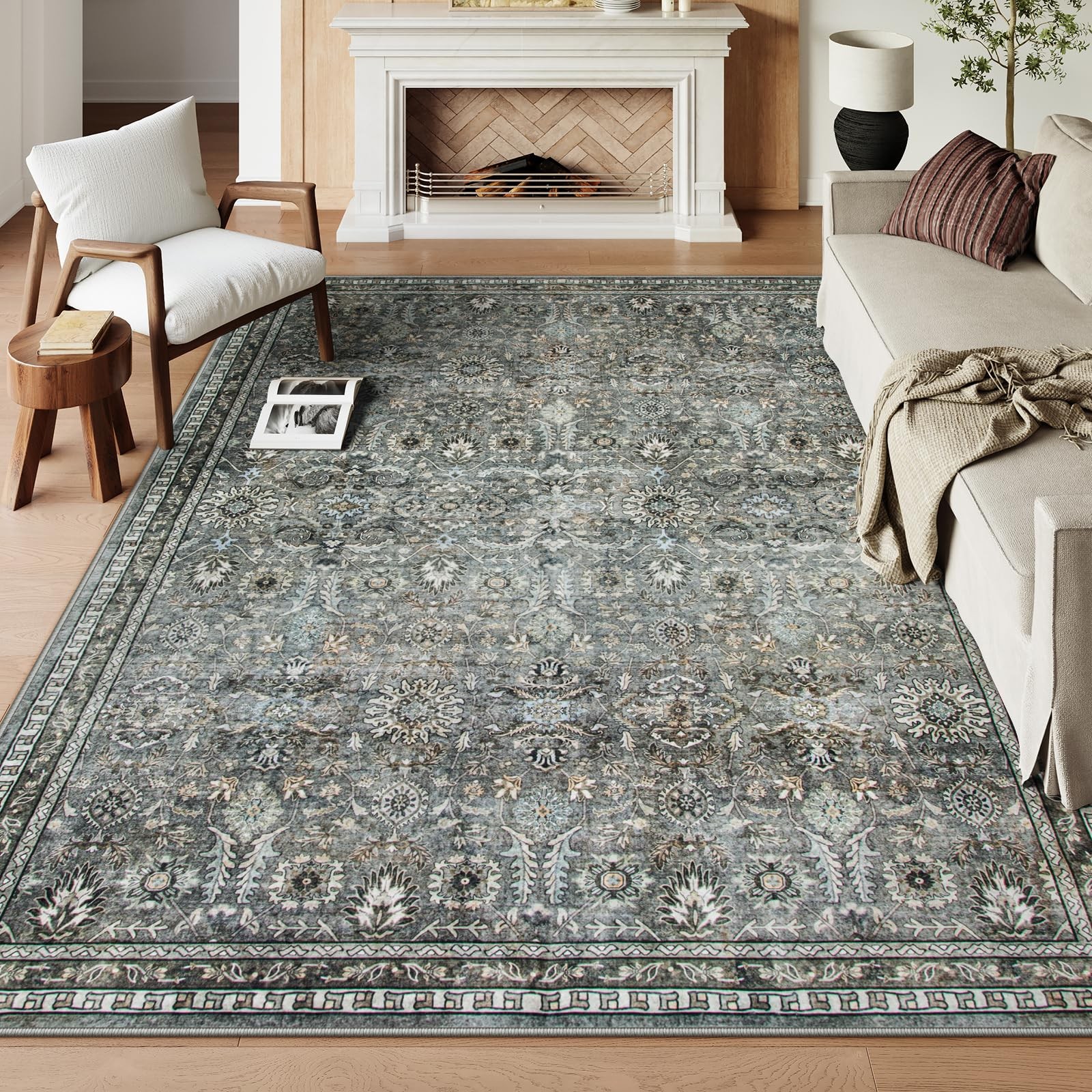 Black Floral Living Room Rug 8×10, Washable Charcoal Area Rugs for Bedroom, Soft