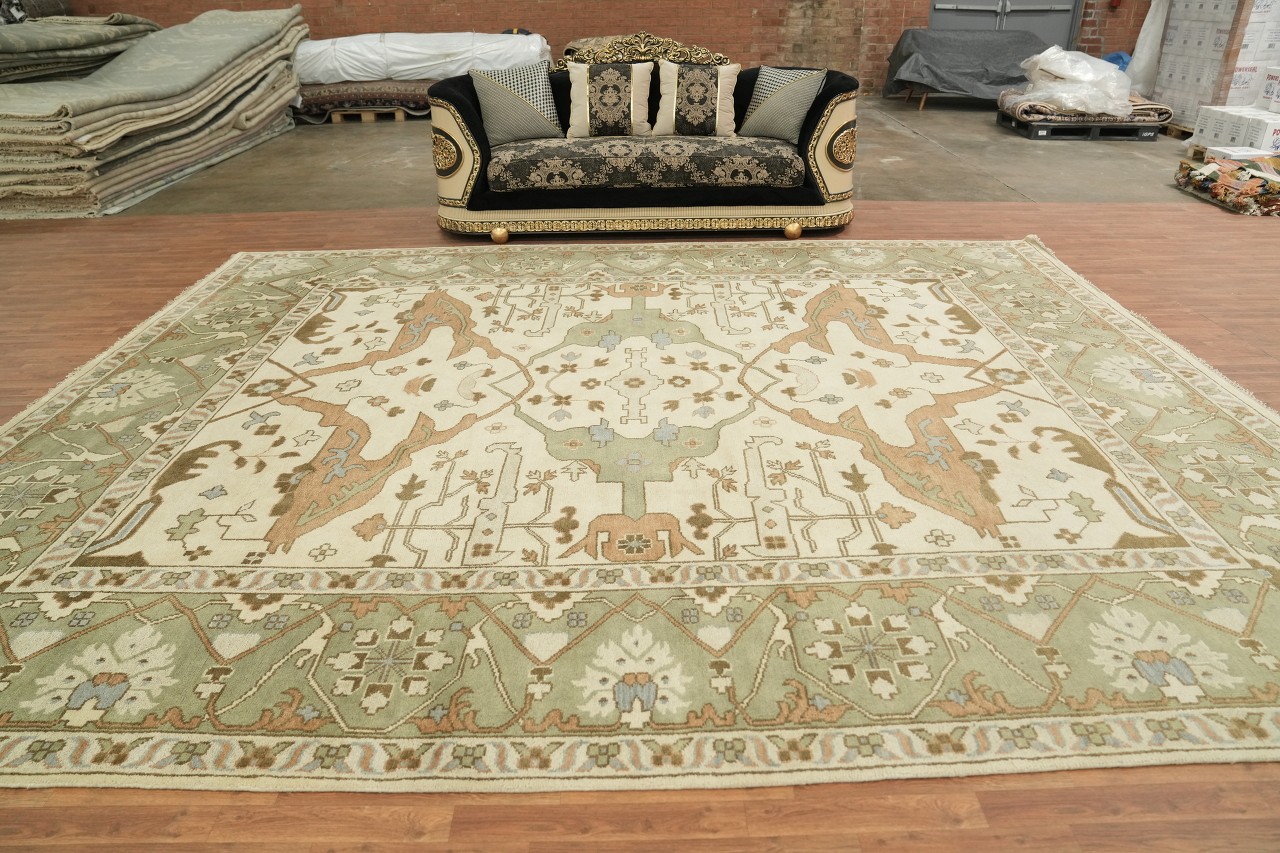 Oushak Textured Beige and Green Traditional 12×11 Large Hand-Knotted Area Rug