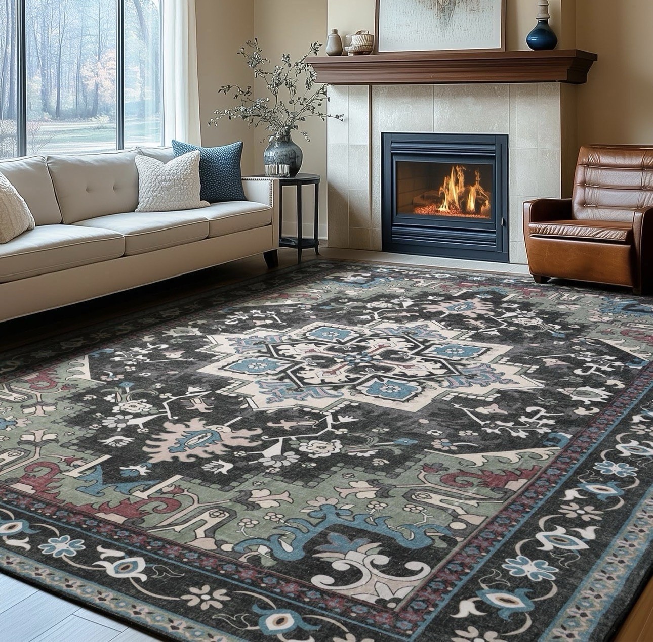 Gray/Blue Medallion Rectangle Area Rug 4×6 ft, Washable Low Pile Non-Slip