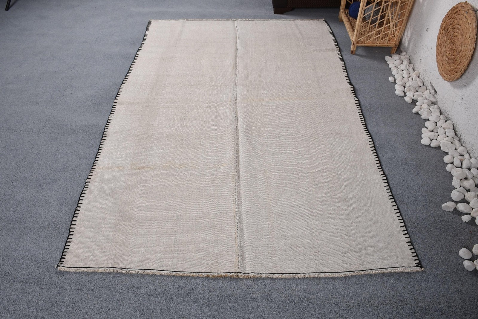 4,2×6,46 ft Rug, Turkish Vintage Rug, Beige Black Abstract Wool Rug