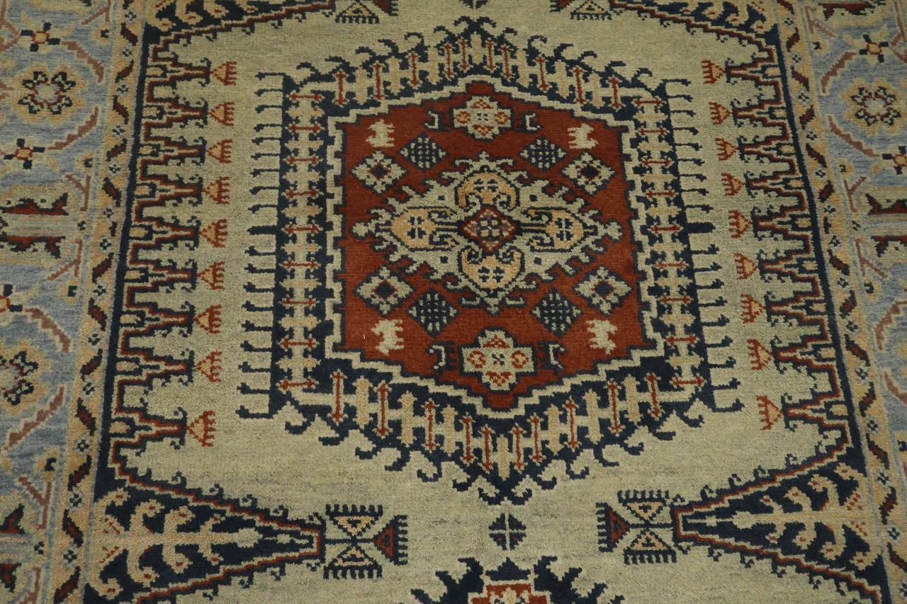 Geometric 5×6 Artisan Traditional Wool Area Rug in Green & Rust Tones