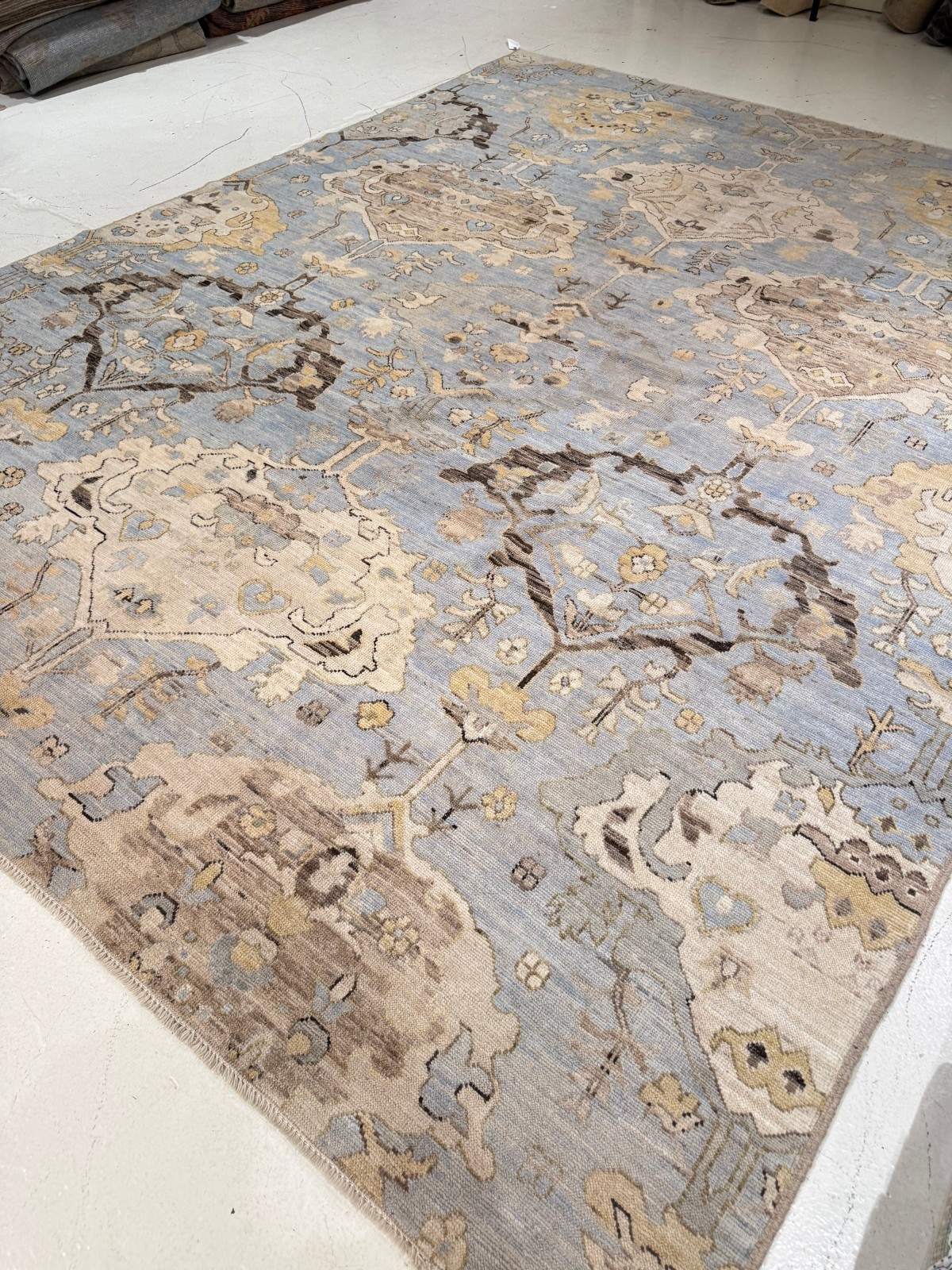 Hand Knotted Blue Tan Oushak Wool Area Rug Vintage Turkish Floral Carpet