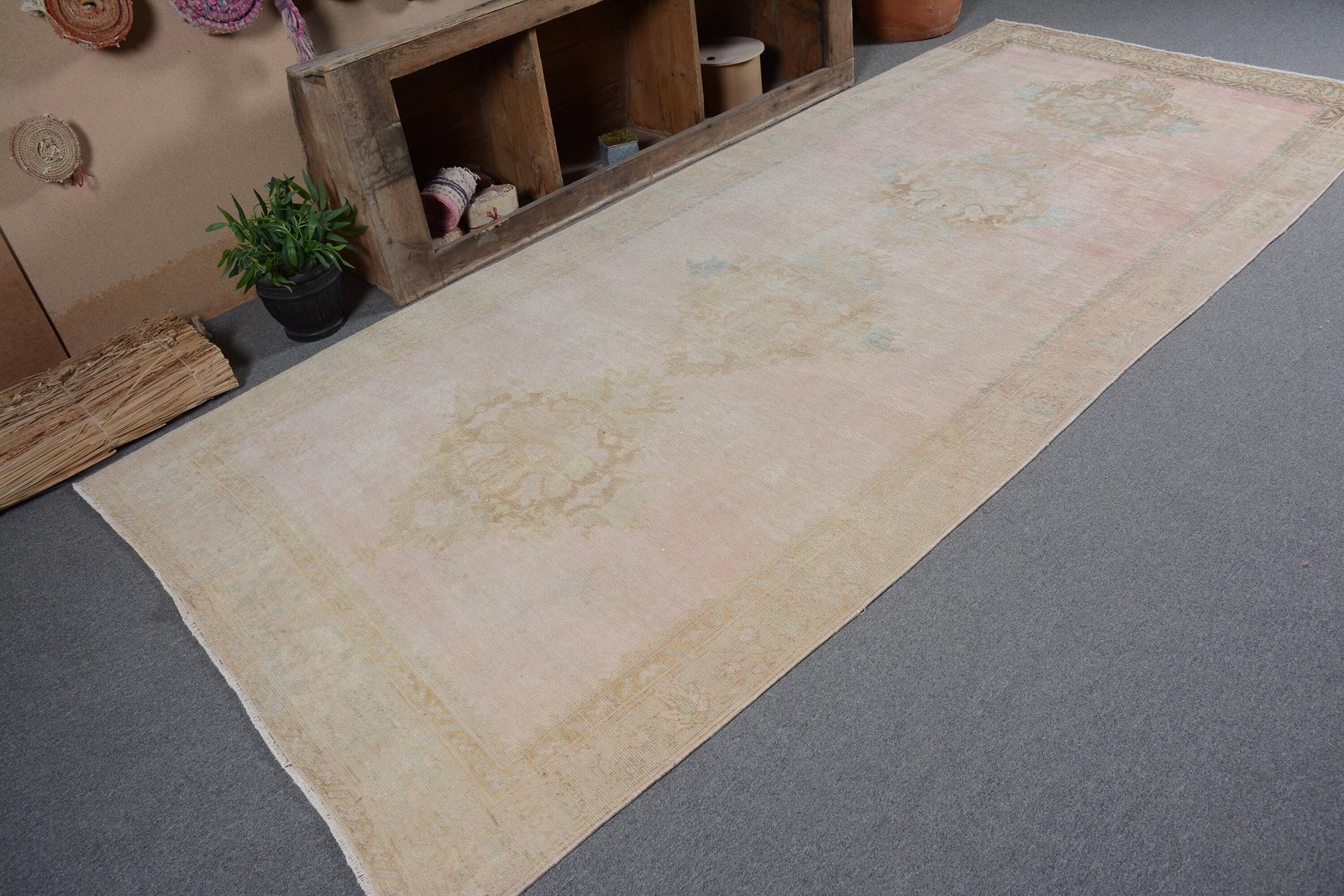 4,9×11,6 ft Large Vintage Turkish Rug, White Patchwork Wool Rug