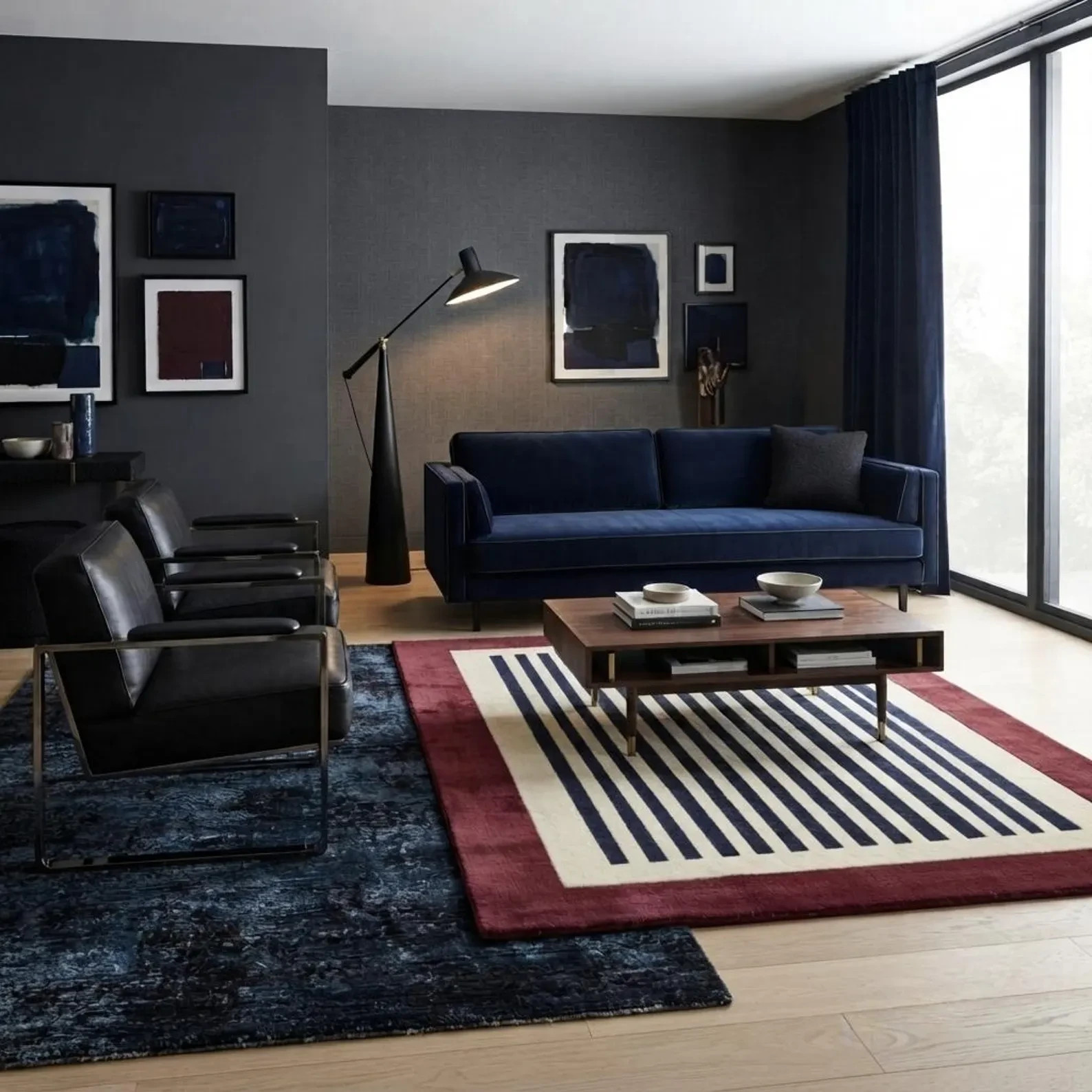 Hand Tufted Striped Rug, Modern Burgundy Navy Cream Area Rug, Geometric Wool Rug