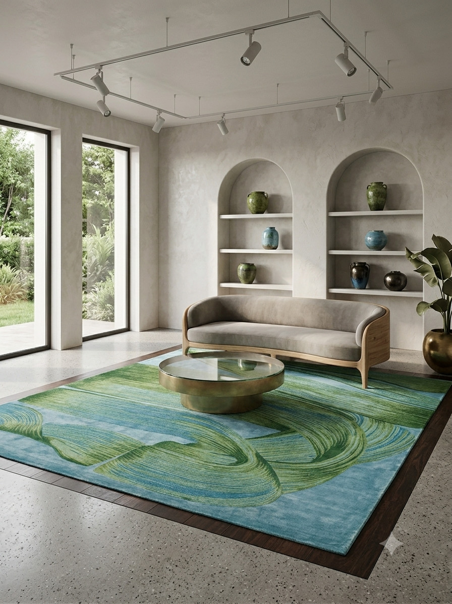 Modern Abstract Brushstroke Ribbon Area Rug 8×10 Sage Emerald Green Living Room