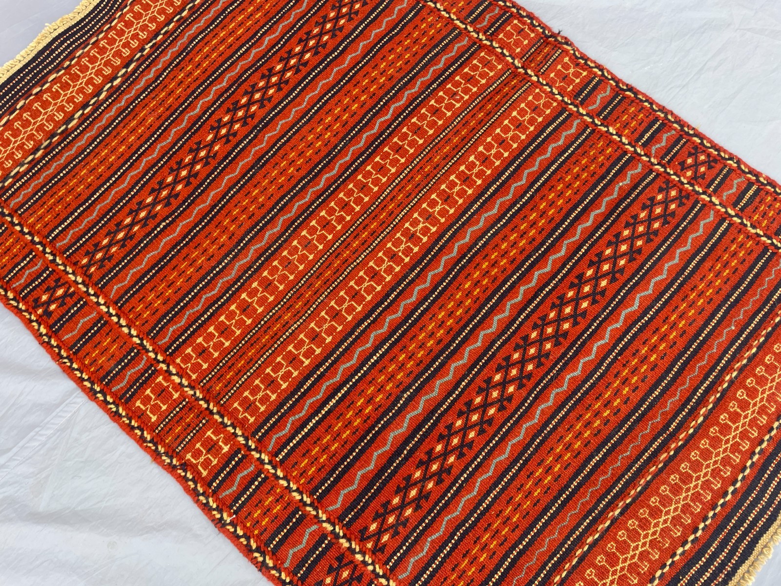 3’4 x 4’1 Ft Handmade Afghan Kilim – Bold Tribal Stripes in Warm Red and Blue